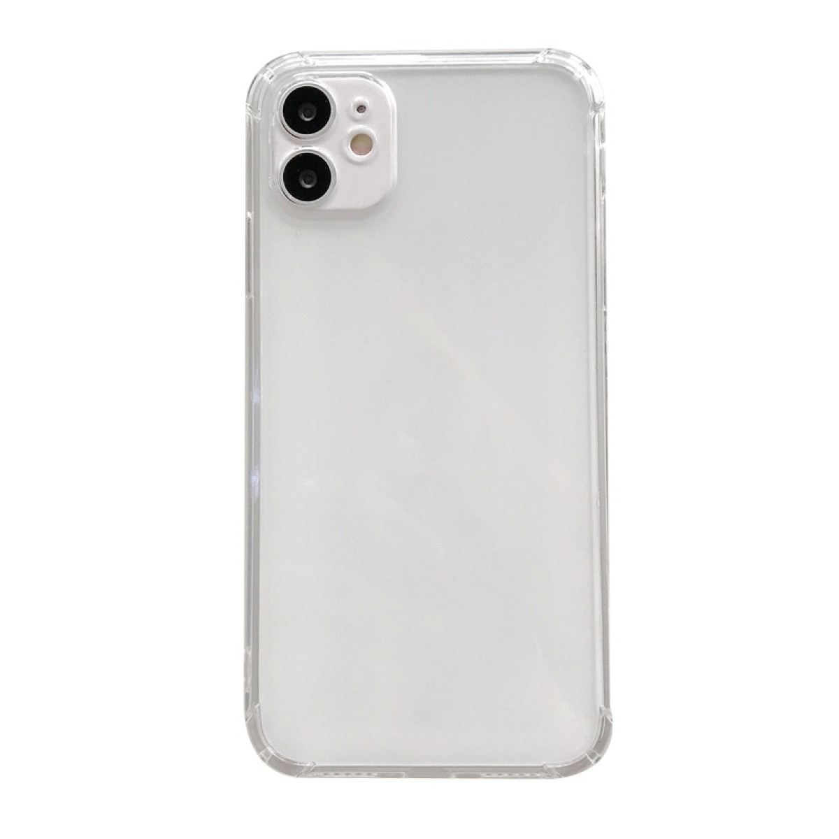 Una custodia trasparente per telefono con un rialzo per fotocamera a doppia lente. La custodia è trasparente, rivelando il retro.