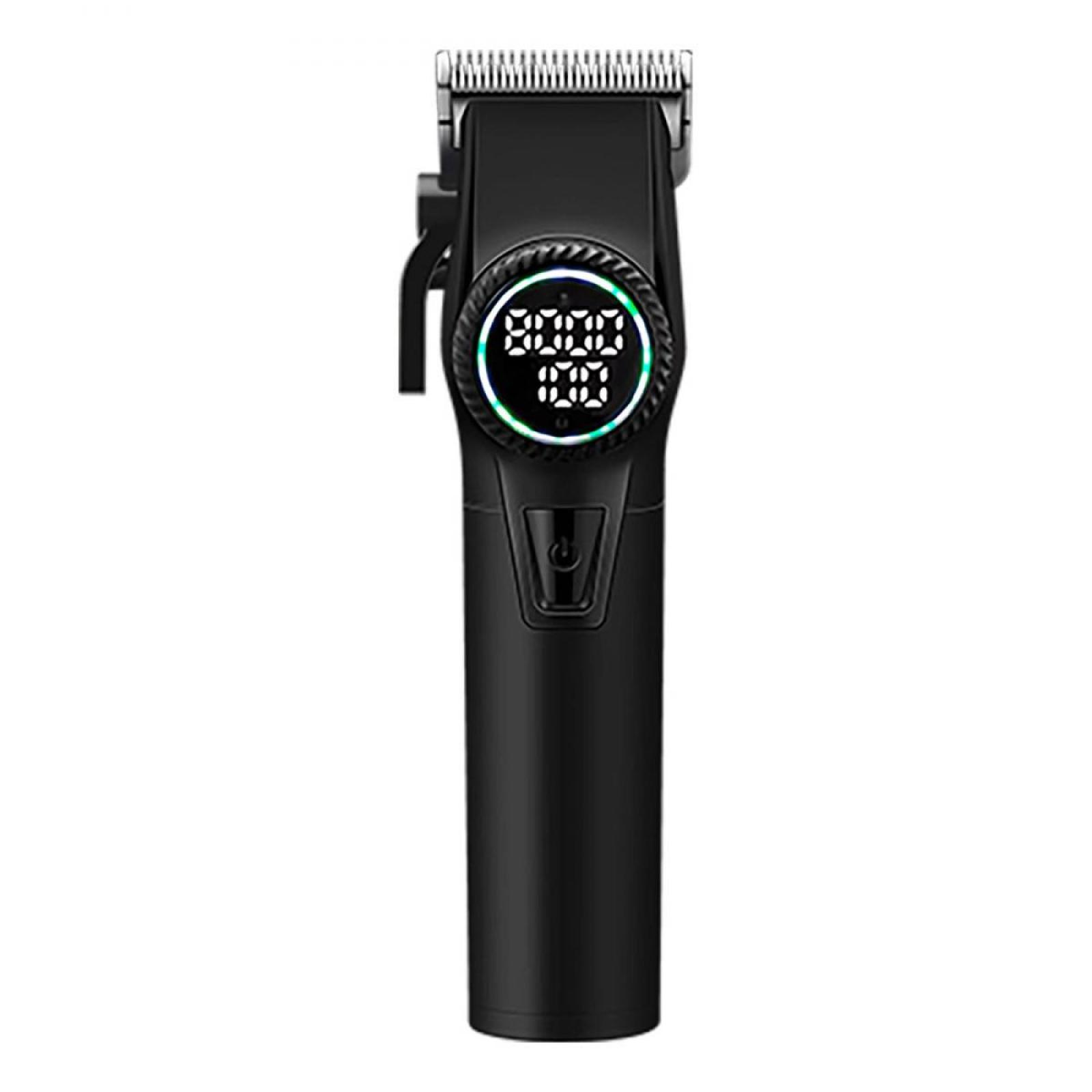 Ein schwarzer Haarschneider mit Digitalanzeige, die Zahlen anzeigt. Der Clipper hat eine Klinge oben und einen Griff.