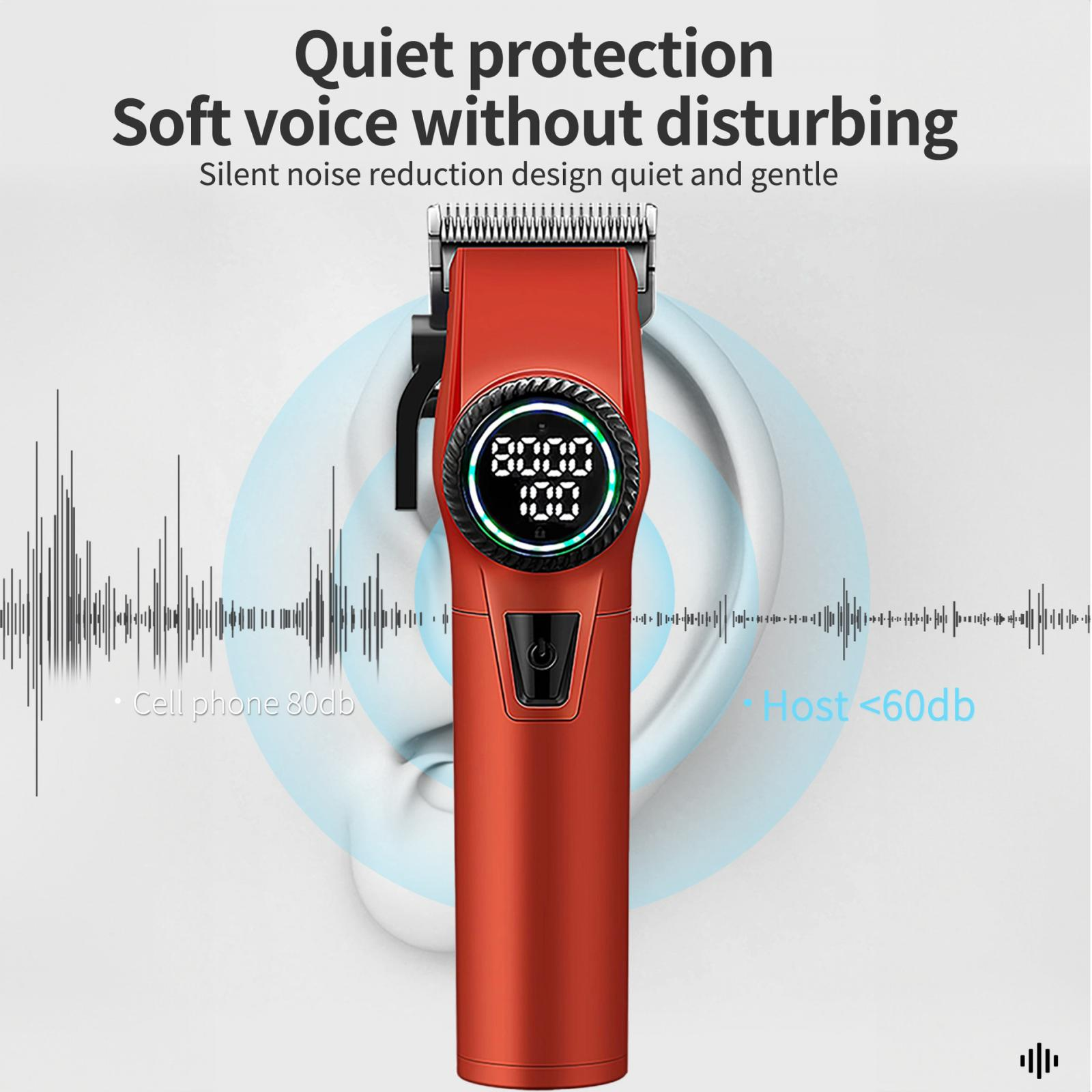 Ein roter Haarschneider mit Digitalanzeige wird gezeigt, mit einer Ohrgrafik im Hintergrund. Der Text lautet 'Leiser Schutz'.