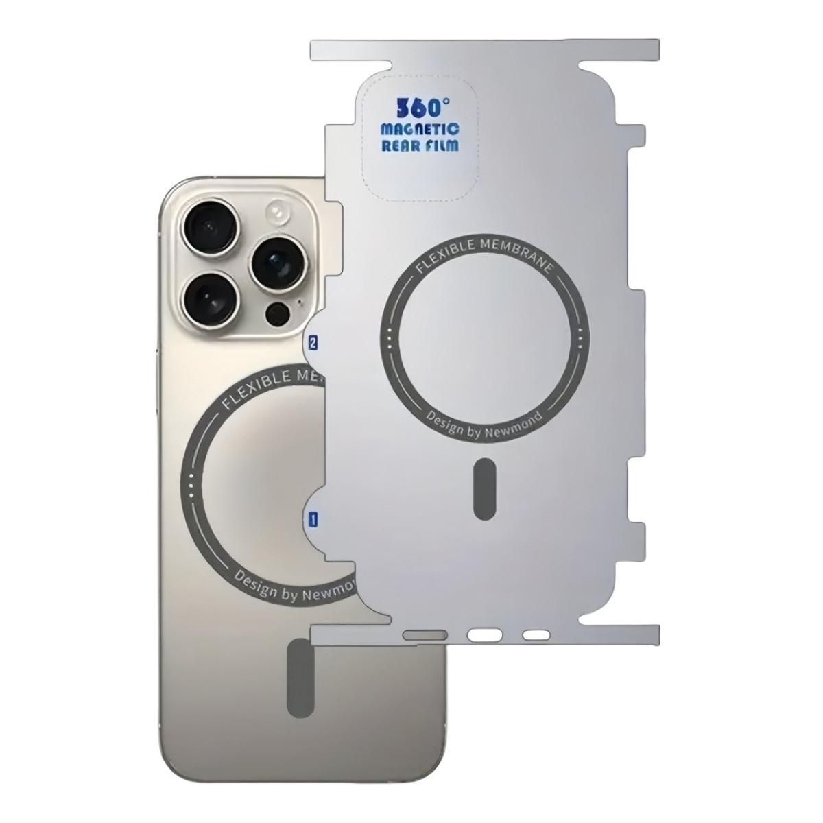 Un iPhone con una protezione per lo schermo. La protezione ha un anello magnetico e la scritta '360° Magnetic Rear Film'.