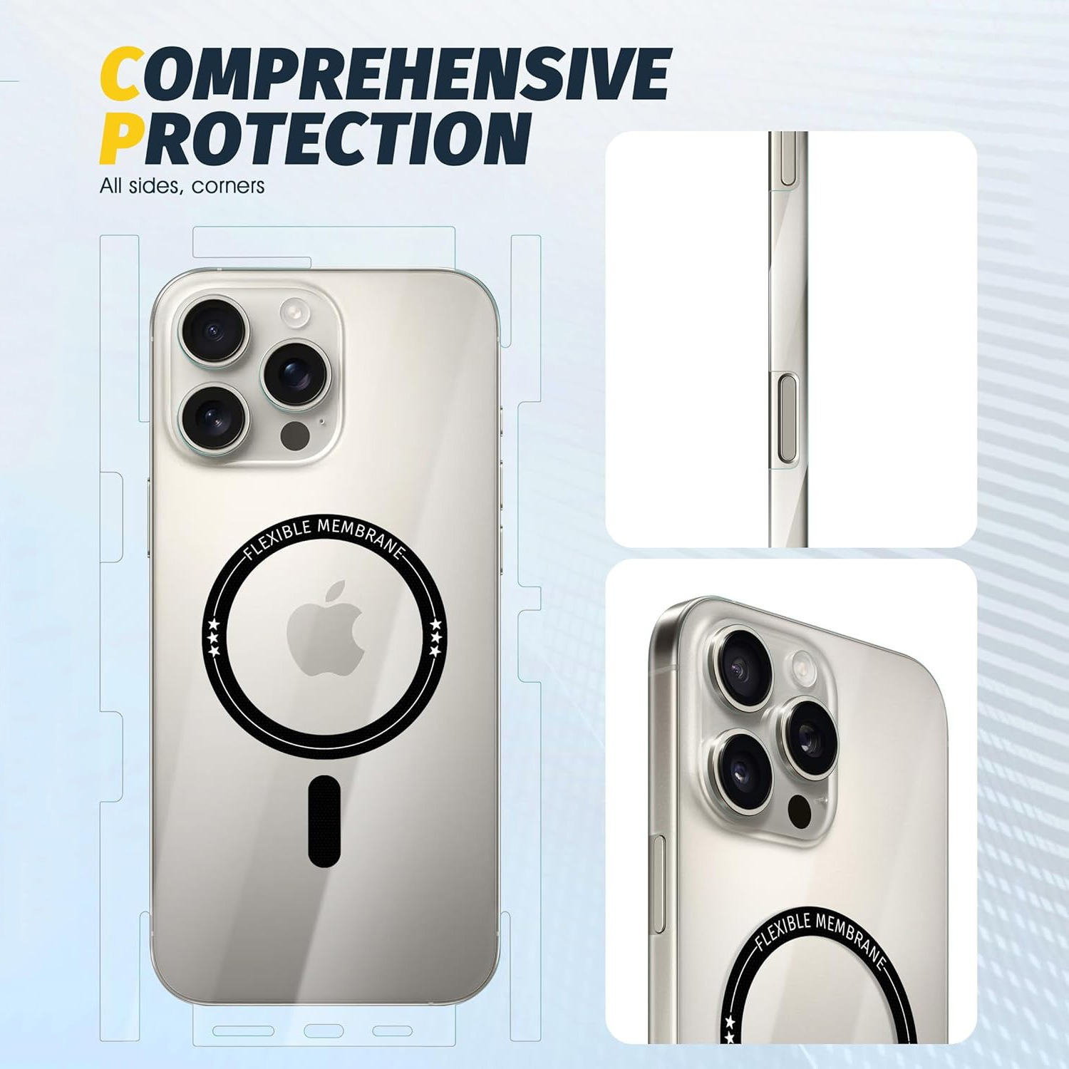 Custodia trasparente per telefono su sfondo bianco. Mostra la parte posteriore del telefono con fotocamere, vista laterale e dall'alto. Con 'Flexible Membrane' e logo Apple.
