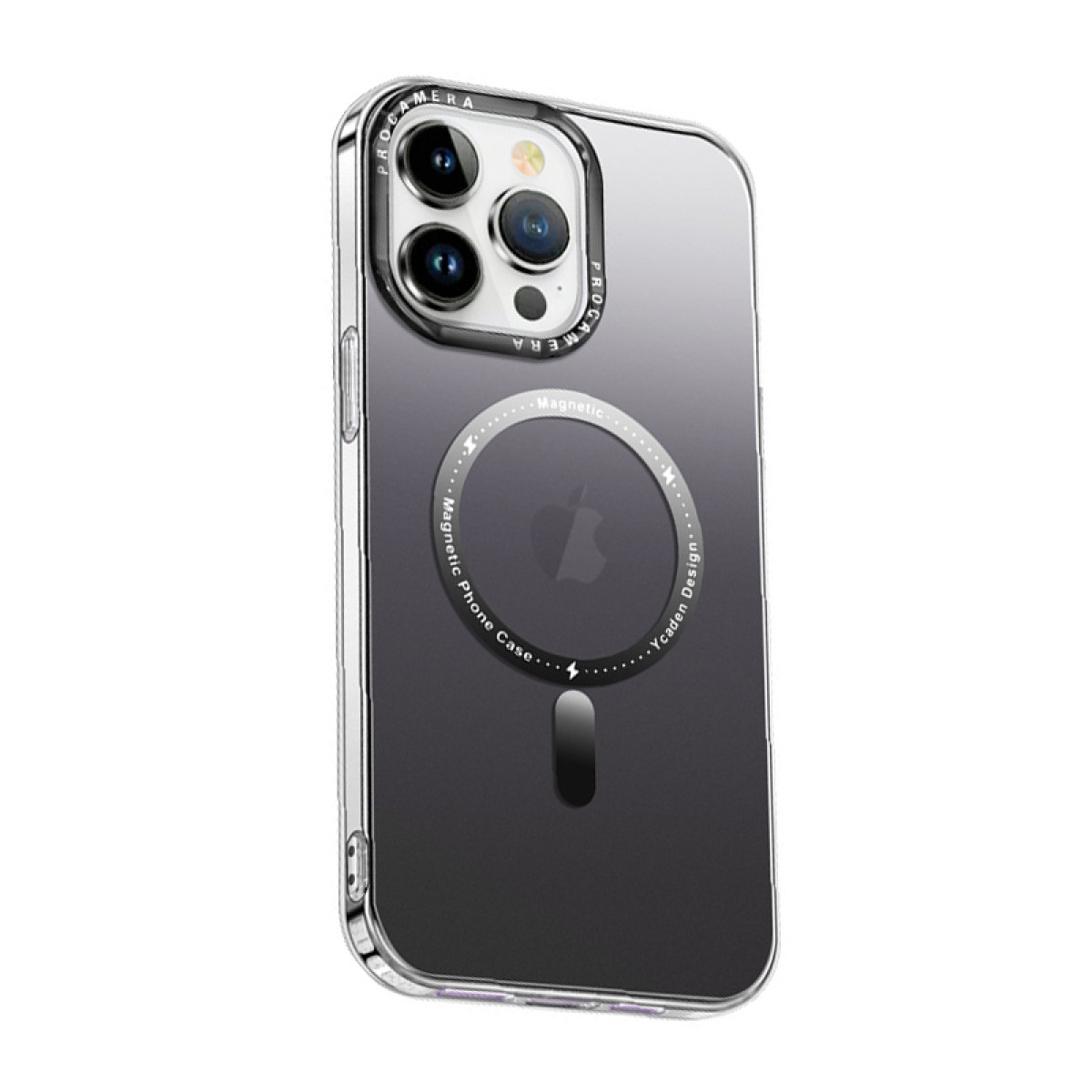 Una custodia trasparente per telefono con effetto sfumato, che mostra la fotocamera del telefono e il logo Apple. Design magnetico.