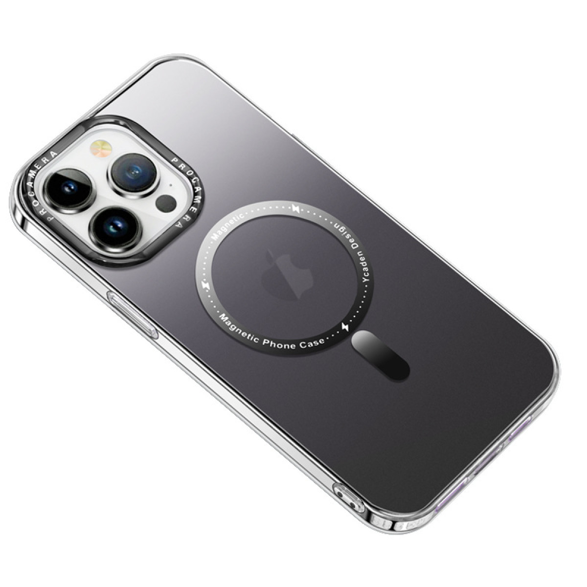 Una custodia trasparente per iPhone con anello magnetico, sfumatura nera, logo Apple e tripla fotocamera.