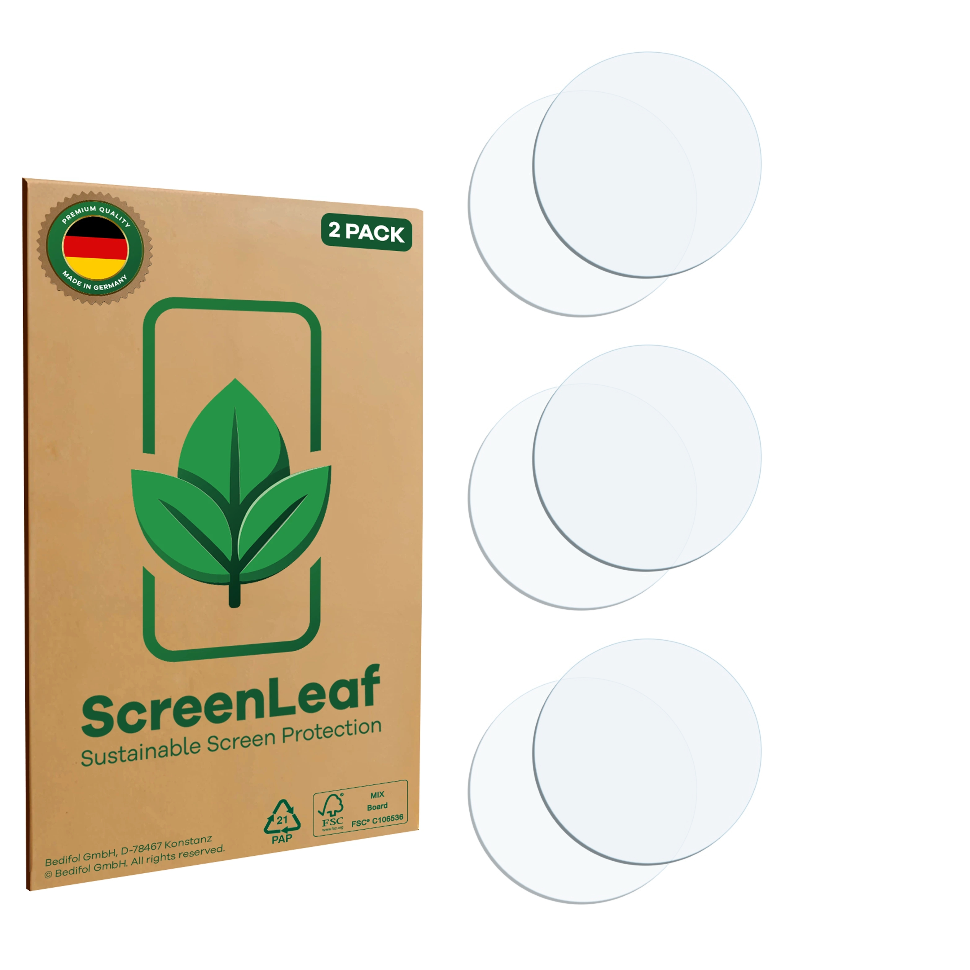 Ein Karton mit der Aufschrift 'ScreenLeaf', einem grünen Blattlogo und mehreren transparenten Bildschirmschutzfolien.
