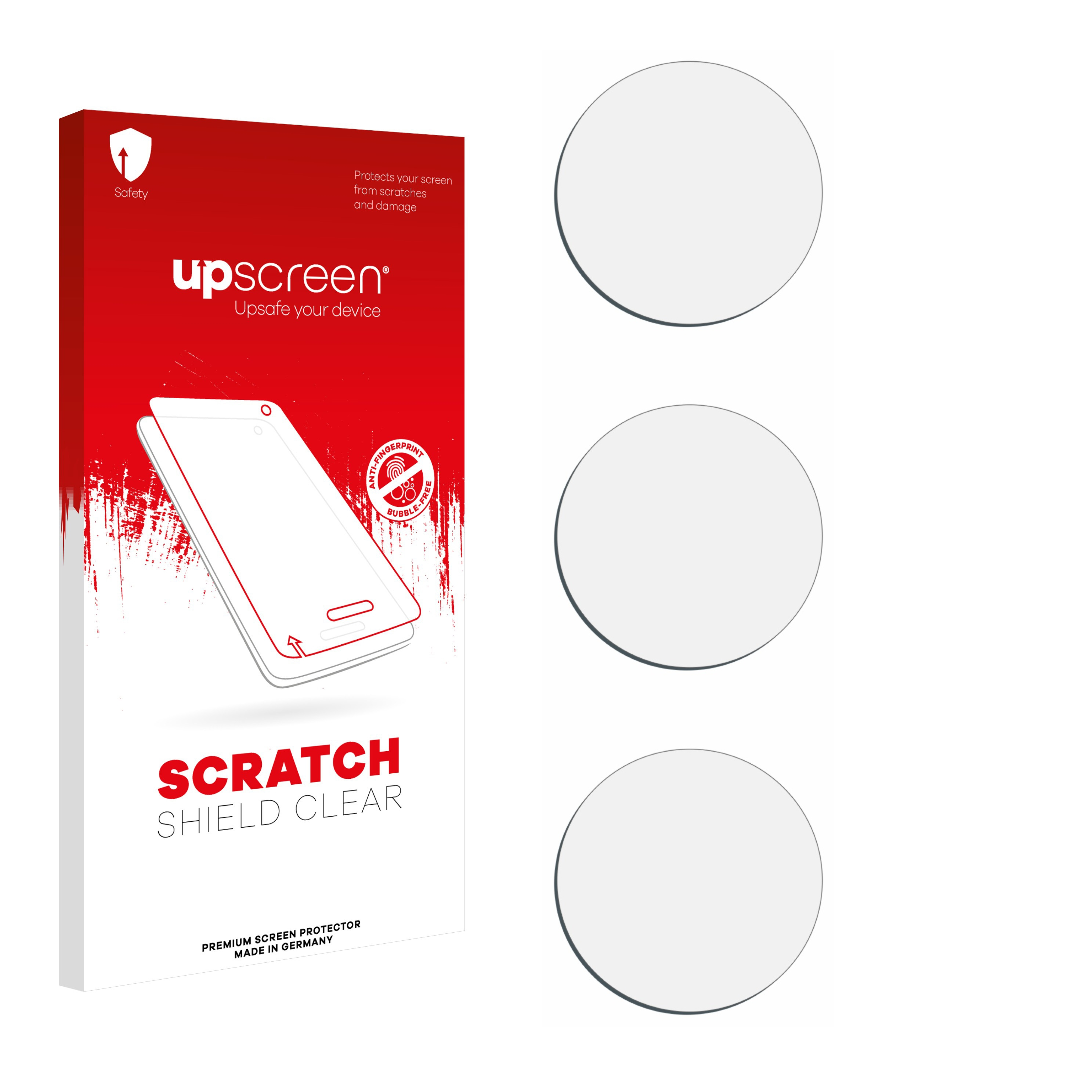 Eine rot-weiße Box mit Displayschutzfolien. Enthält Text: Scratch Shield Clear, upscreen und eine Telefonillustration.