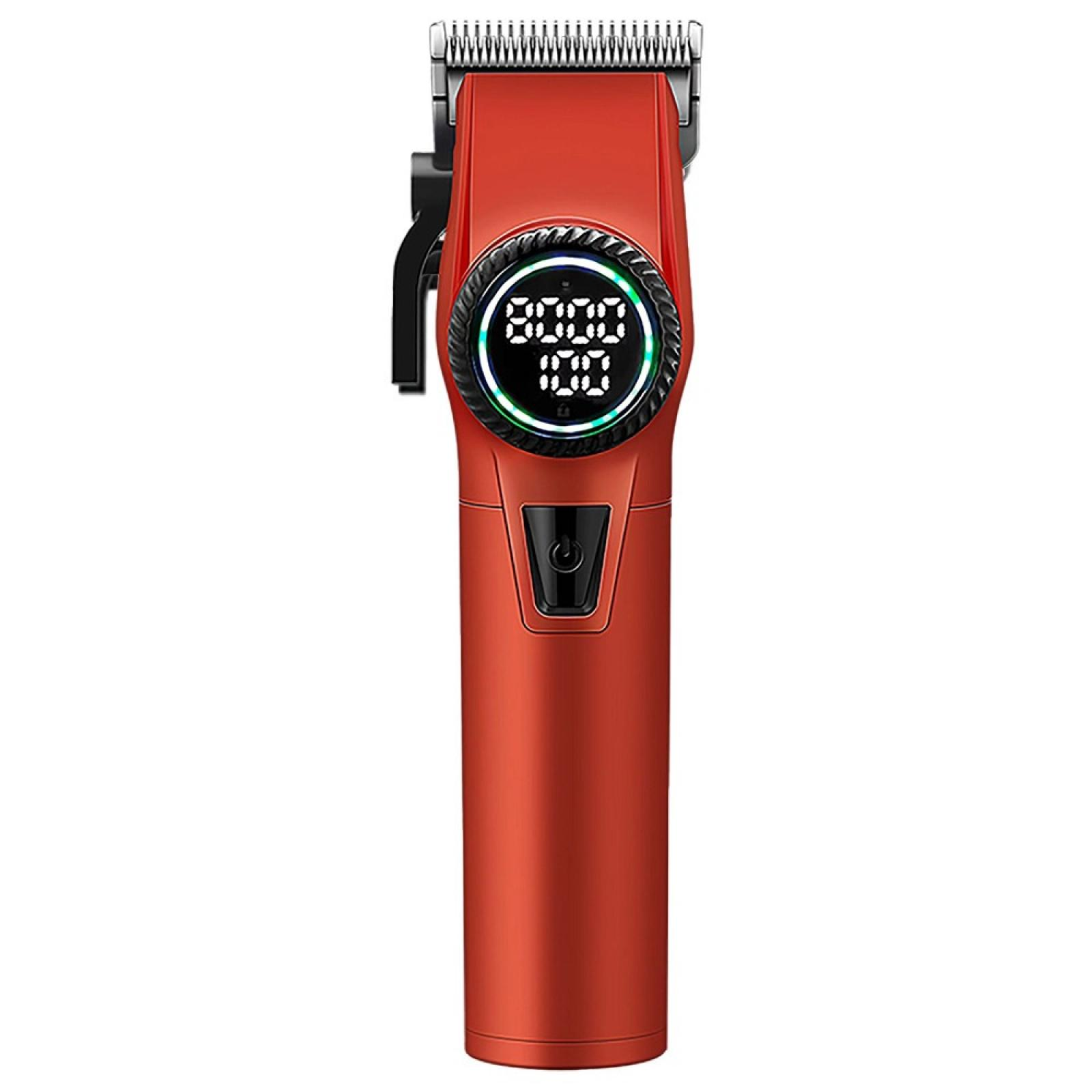 Roter Haarschneider mit Digitalanzeige. Der Clipper hat einen schwarzen Griff und silberne Klingen.