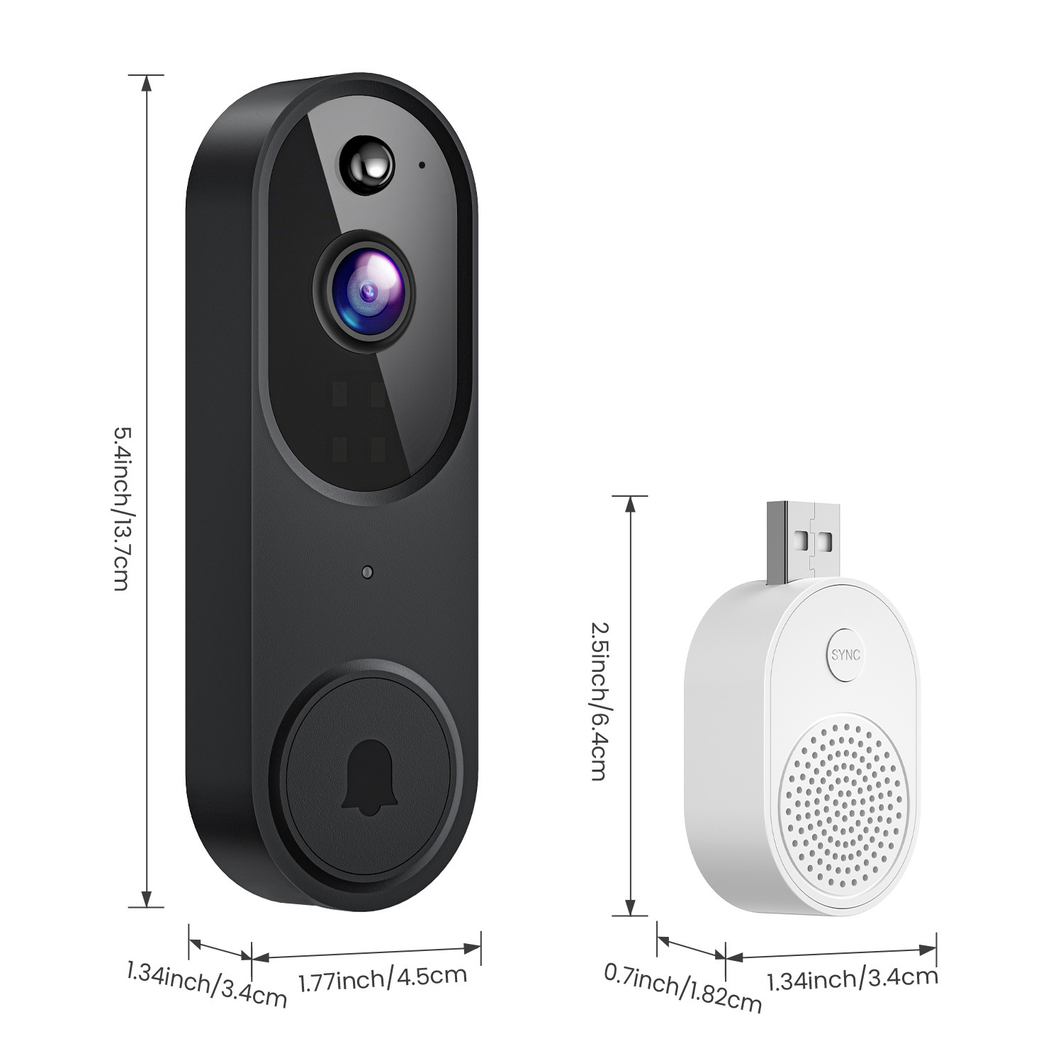 Schwarze Türklingelkamera mit weißem USB-Empfänger. Abmessungen sind in Zoll und Zentimetern angegeben. Die Türklingel hat ein Glockensymbol.
