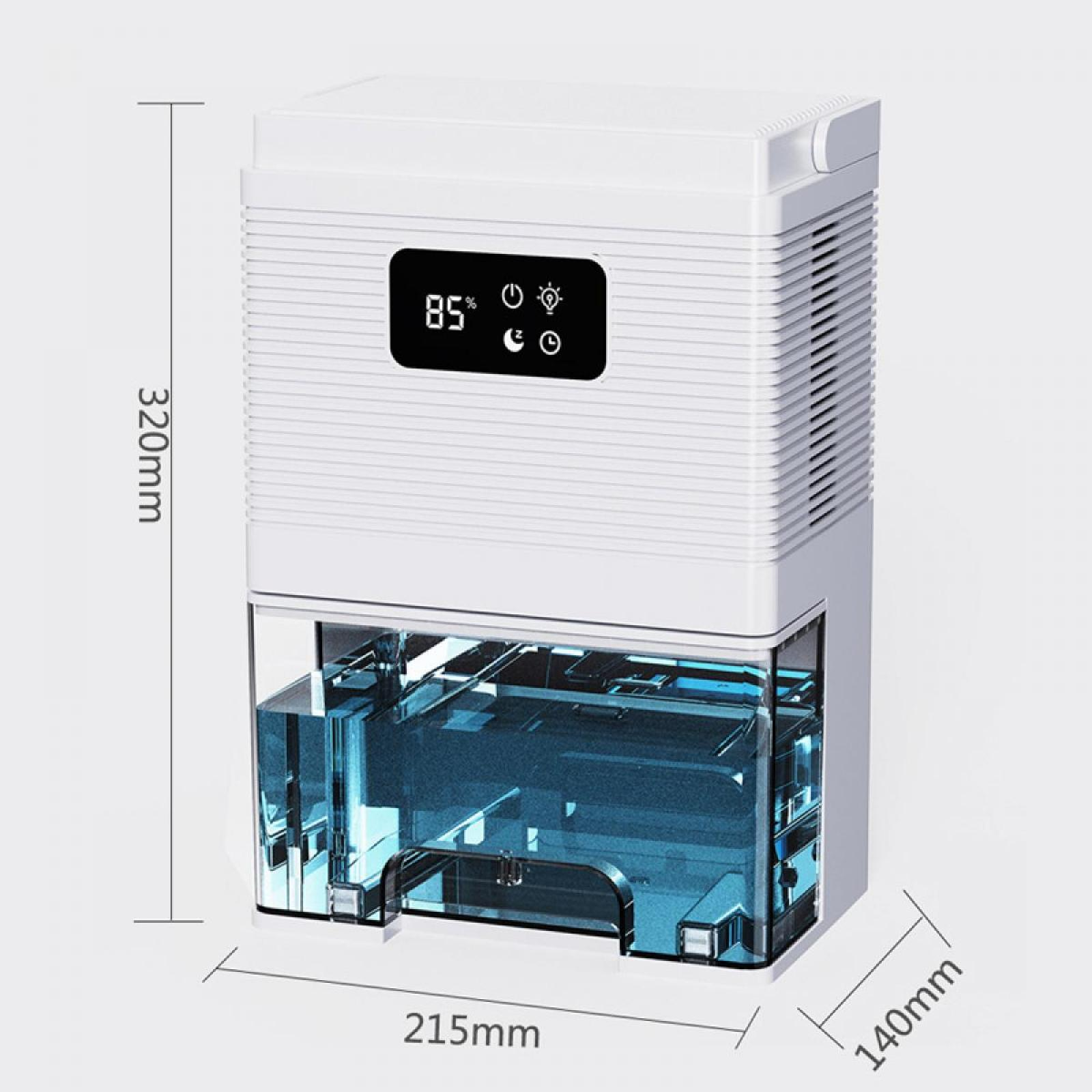 Weißer Luftentfeuchter. Digitalanzeige zeigt 85%. Wassertank unten. Abmessungen: 320 mm x 215 mm x 140 mm.