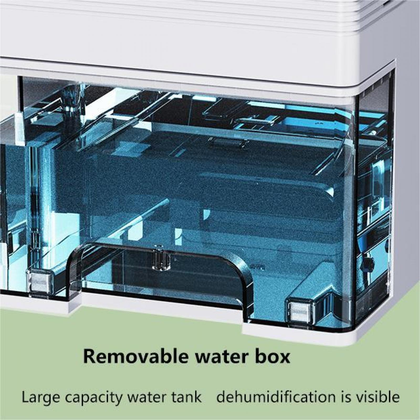 Ein transparenter Wassertank mit blauer Flüssigkeit. Der Tank ist Teil eines weißen Luftentfeuchters mit der Aufschrift 'Removable water box'.