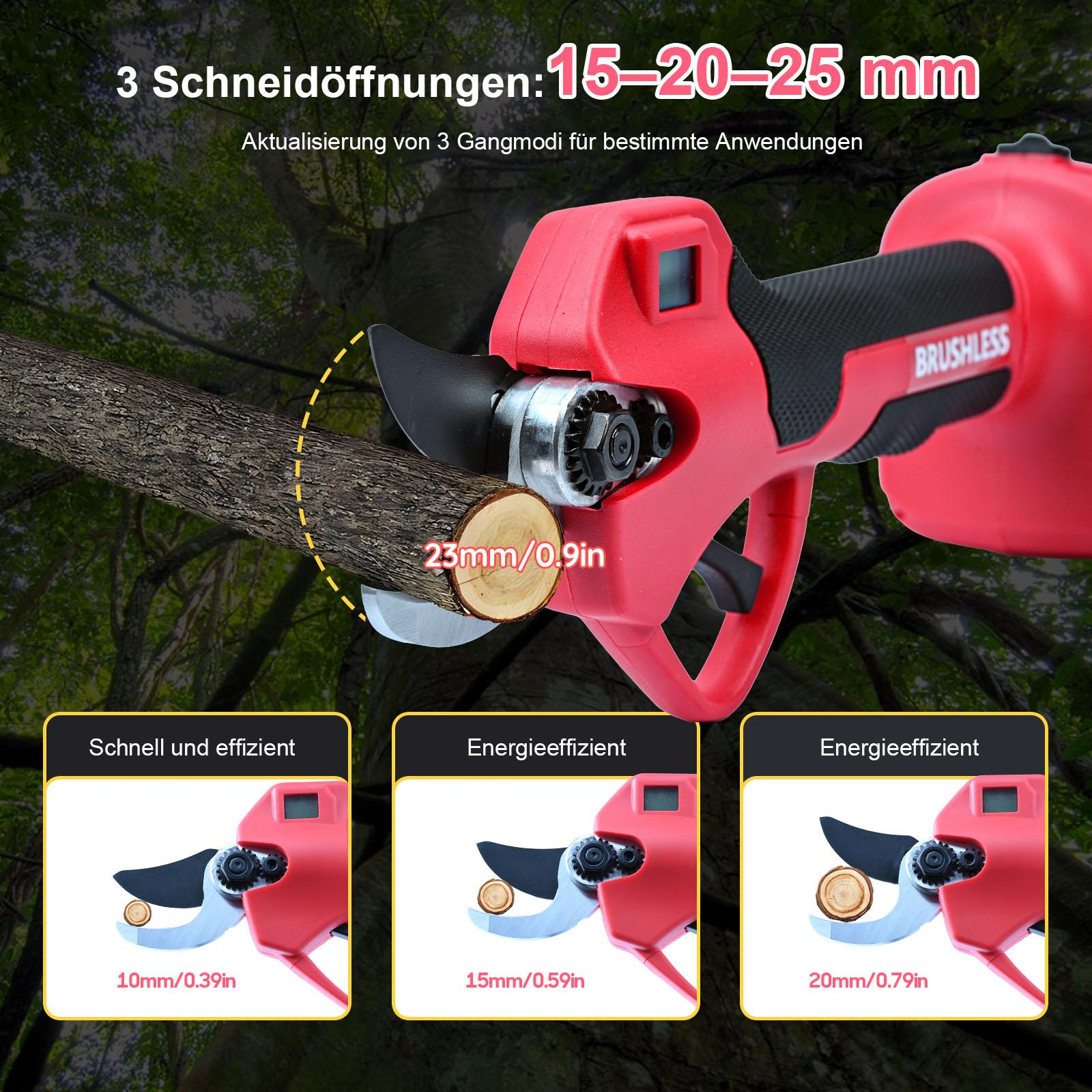 Rote und schwarze elektrische Baumschere, die einen Ast schneidet, mit Diagrammen, die Schnittgrößen zeigen, und Text auf Deutsch.