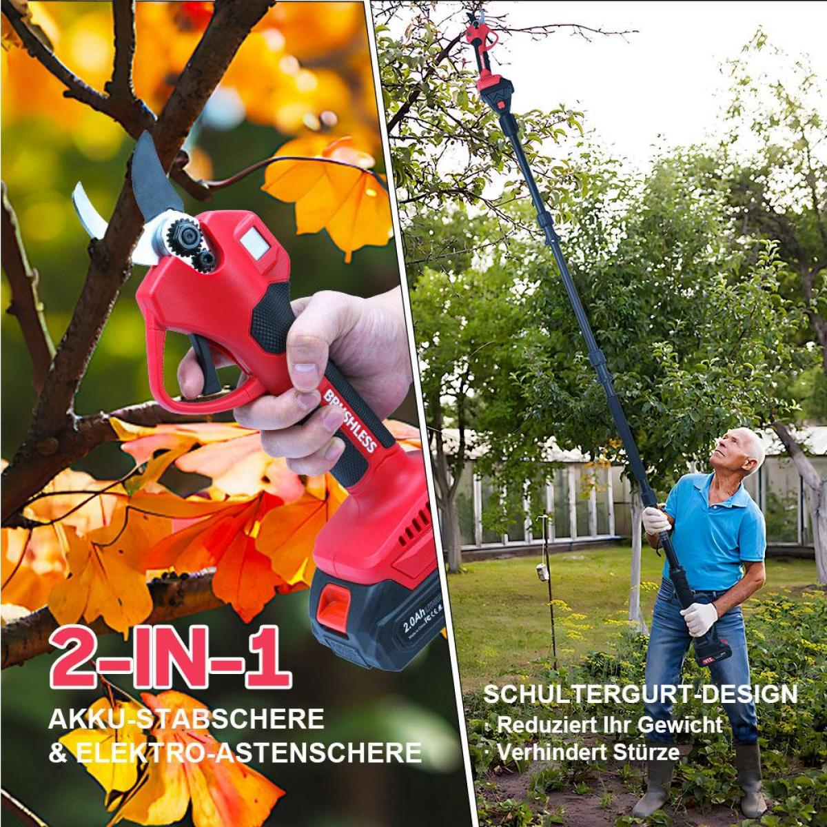 Ein rotes und schwarzes Elektrowerkzeug zum Beschneiden von Ästen. Ein Mann benutzt eine lange Stange, um höhere Äste zu schneiden.