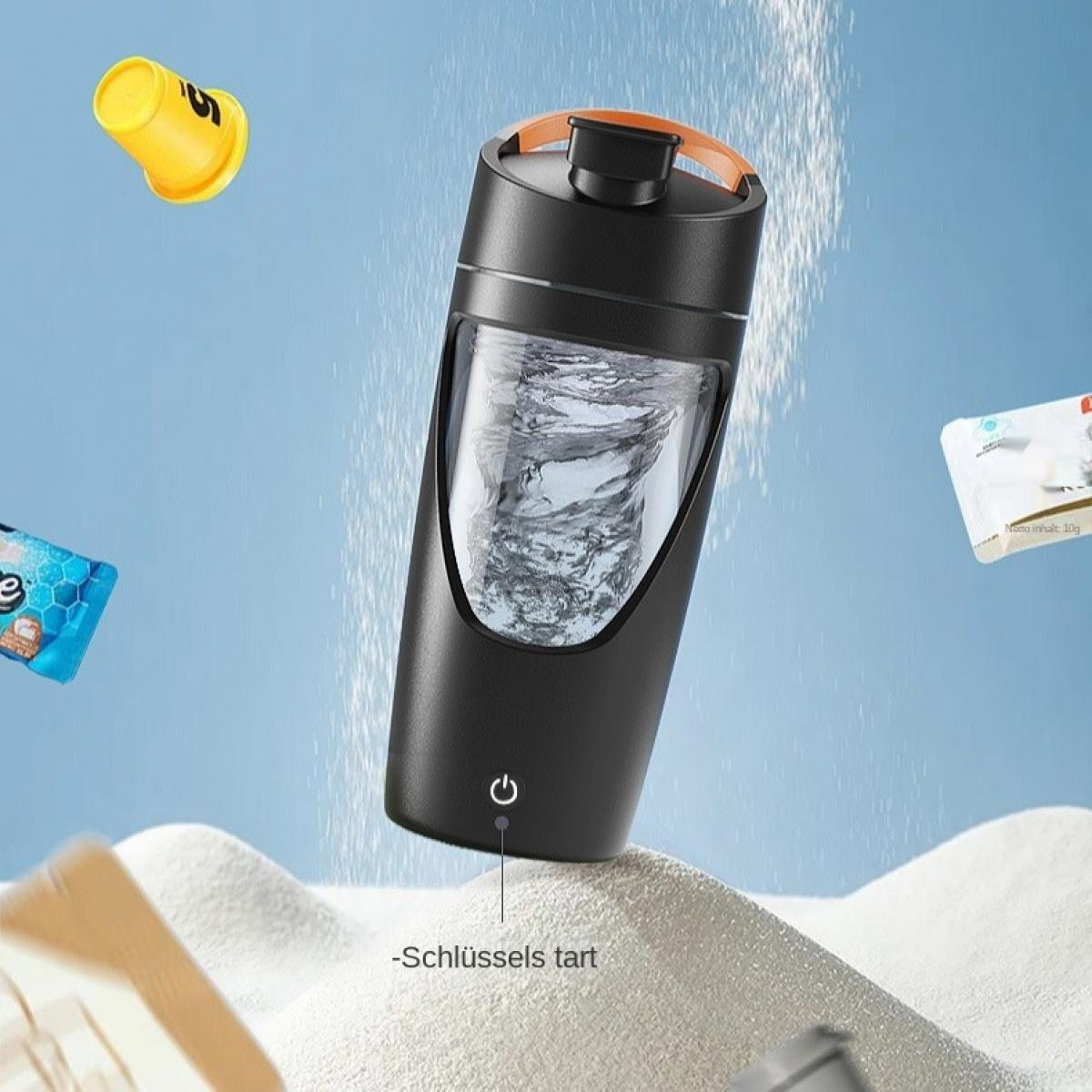Schwarzer Mixer mit orangefarbenem Griff, der sich vermischt. Gelber Becher und blaue Süßigkeitenverpackung schweben. Weißes Pulver bildet eine Sanddüne.