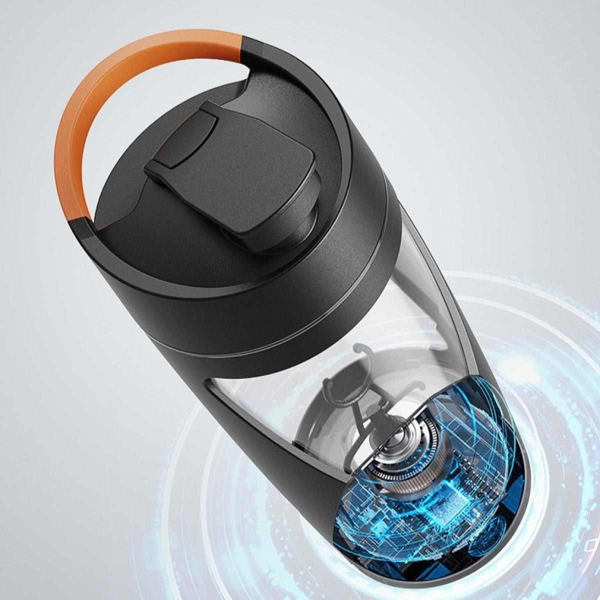 Eine schwarze und transparente Shaker-Flasche mit orangefarbenem Griff, die den inneren Mechanismus und ein blaues Schaltungsdesign zeigt.