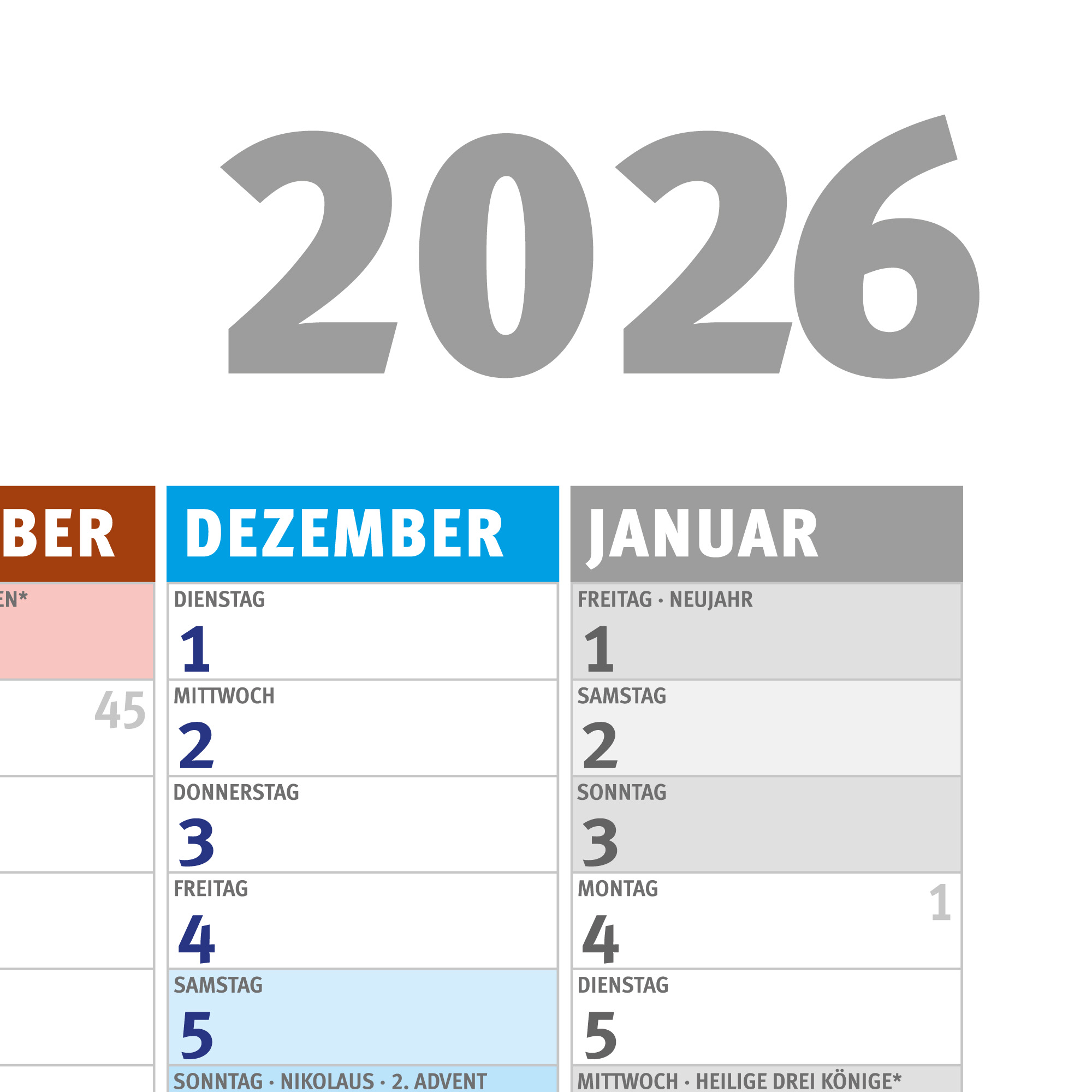 Ein Kalender für 2026 mit den Monaten Dezember und Januar. Die Zahl 2026 steht oben. Die Tage sind aufgelistet.