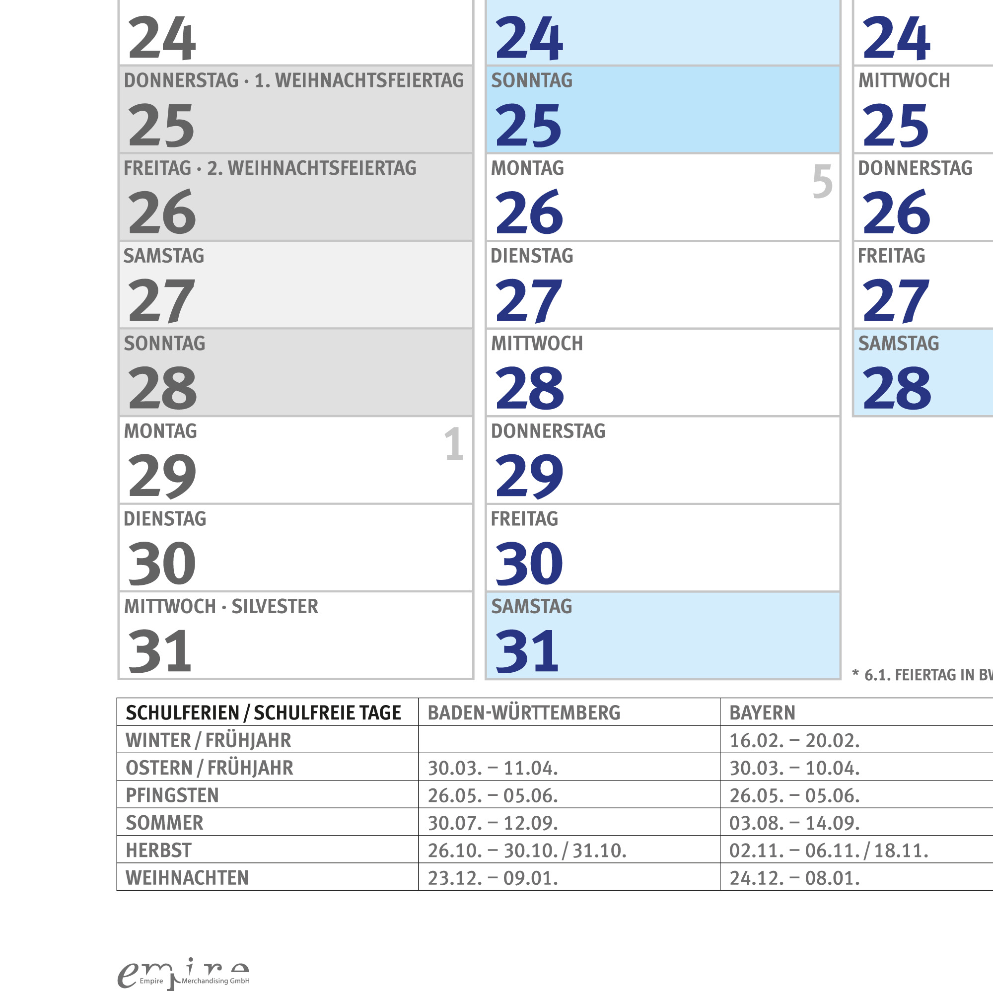 Ein Kalender mit Daten und Feiertagen vom 24. bis 31. Dezember. Enthält Schulferientermine für Baden-Württemberg und Bayern.