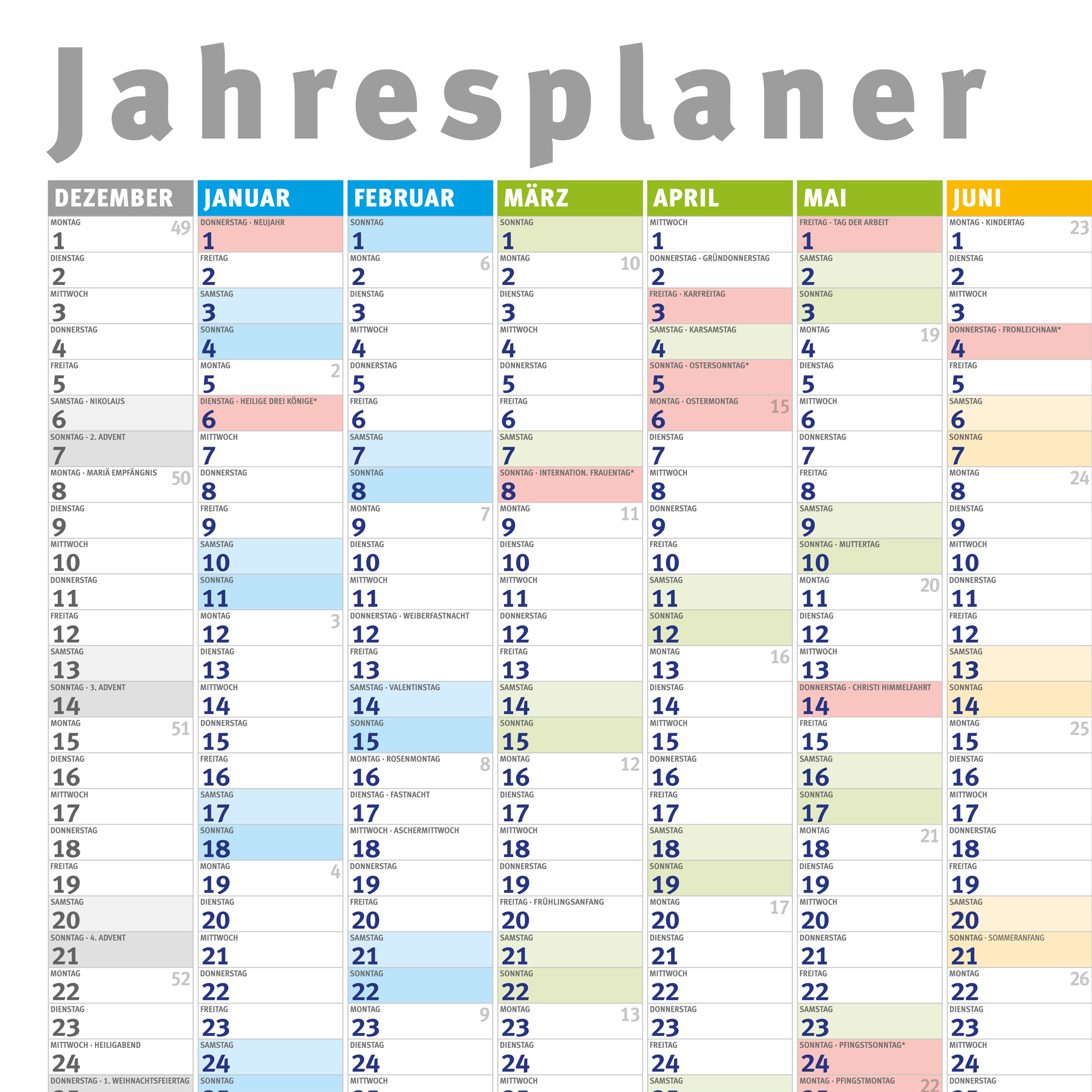 Kalenderseite mit Daten für Dezember bis Juni. Monate stehen oben.