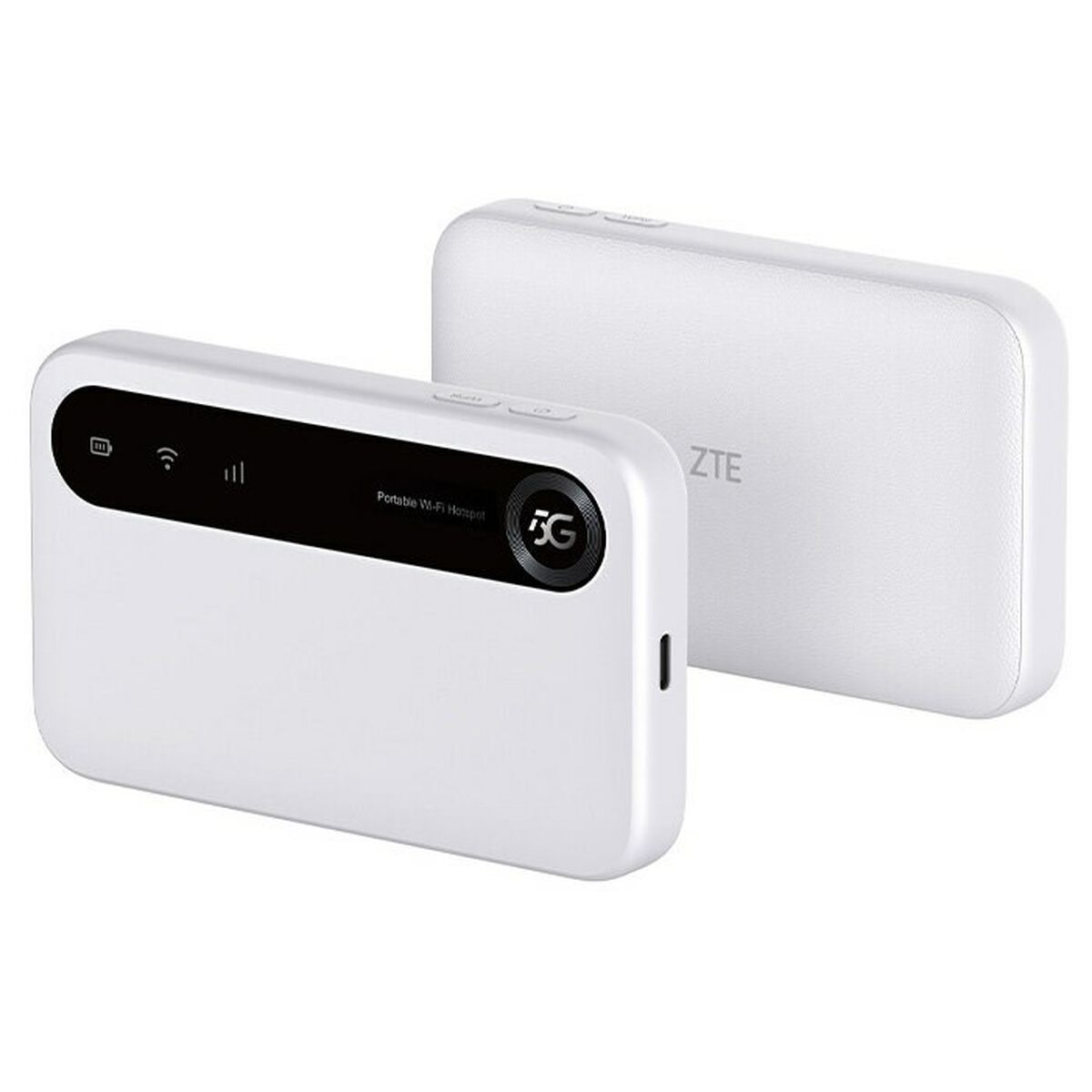 Zwei weiße tragbare WLAN-Hotspots. Einer befindet sich vorne und zeigt 5G- und Signal-Symbole. Der andere befindet sich im Hintergrund, mit dem ZTE-Logo.