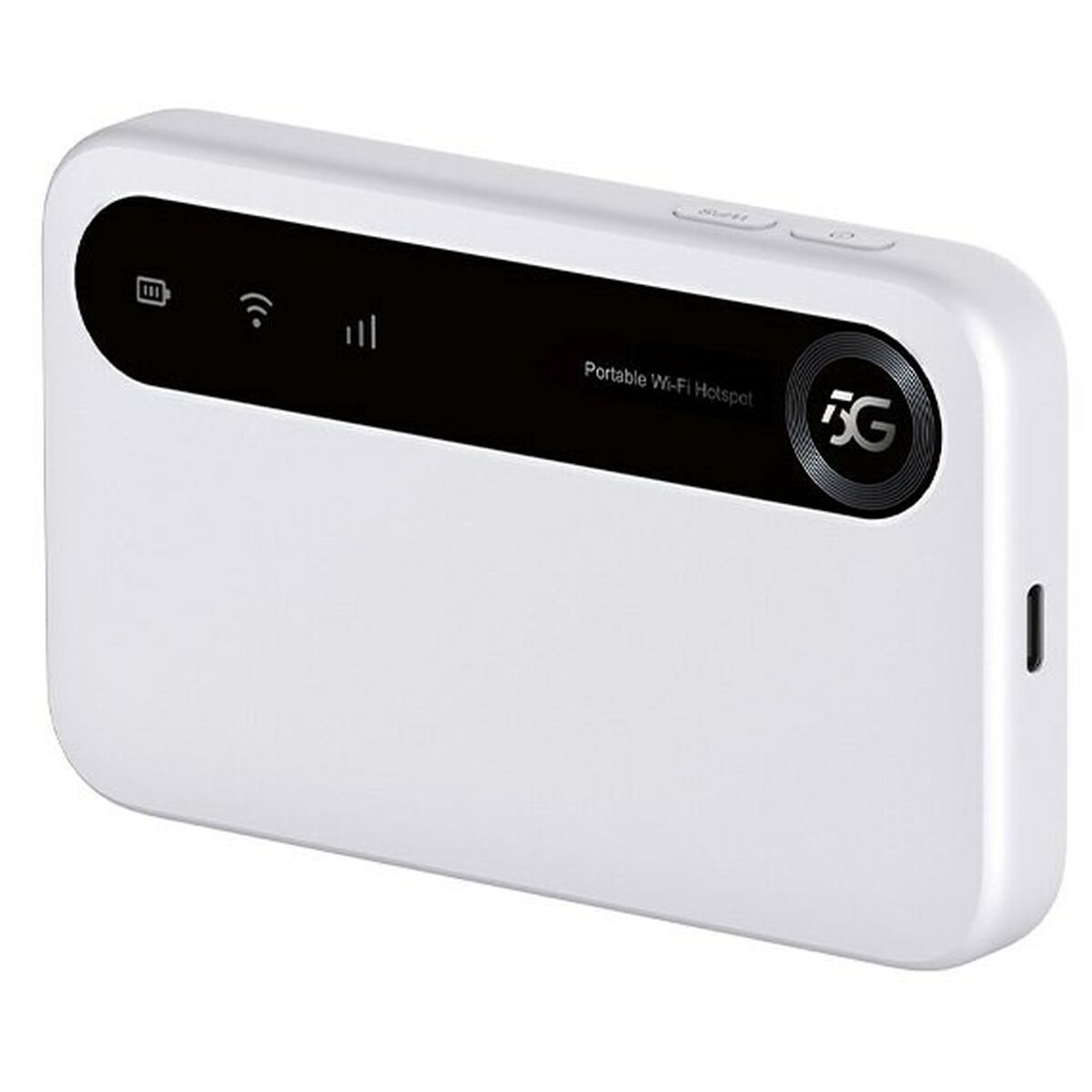 Ein weißes, tragbares 5G-WLAN-Hotspot-Gerät. Es hat einen schwarzen Balken mit Symbolen, Tasten oben und ein 5G-Logo.