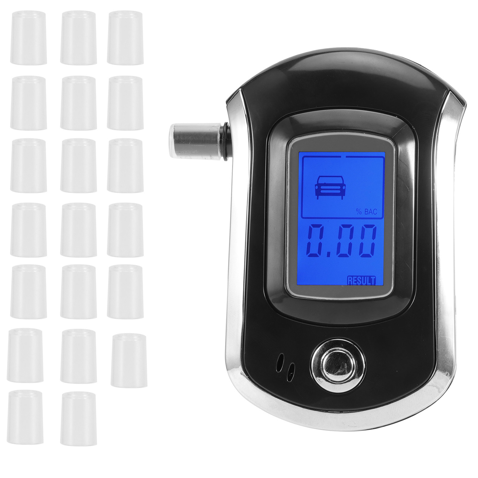 Ein Alkoholtester mit Digitalanzeige, die 0,00 BAC anzeigt, und eine Reihe weißer Mundstücke.