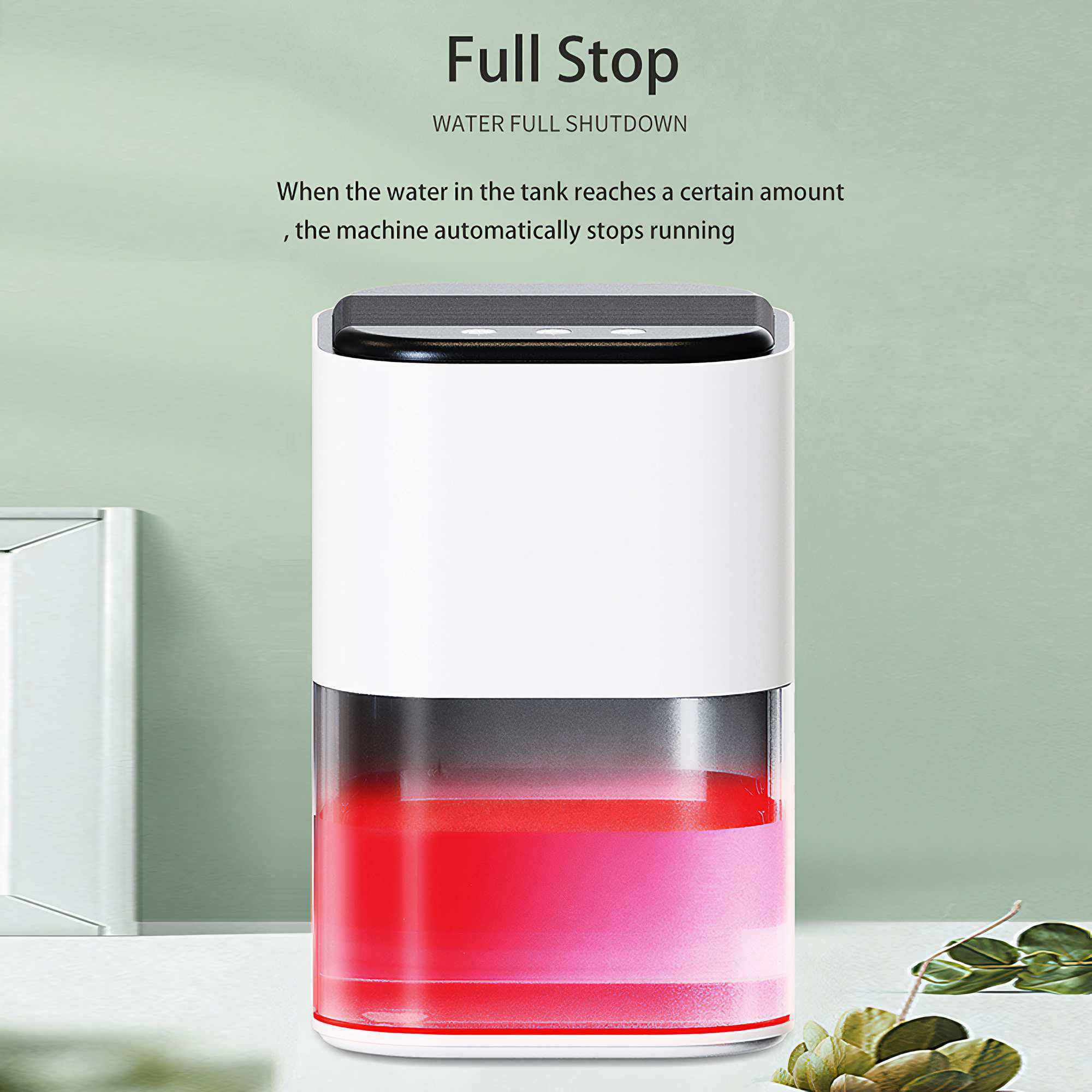 Ein weißer und durchsichtiger Wassertank mit roter Flüssigkeit. Der Text lautet 'Full Stop, Water Full Shutdown'.
