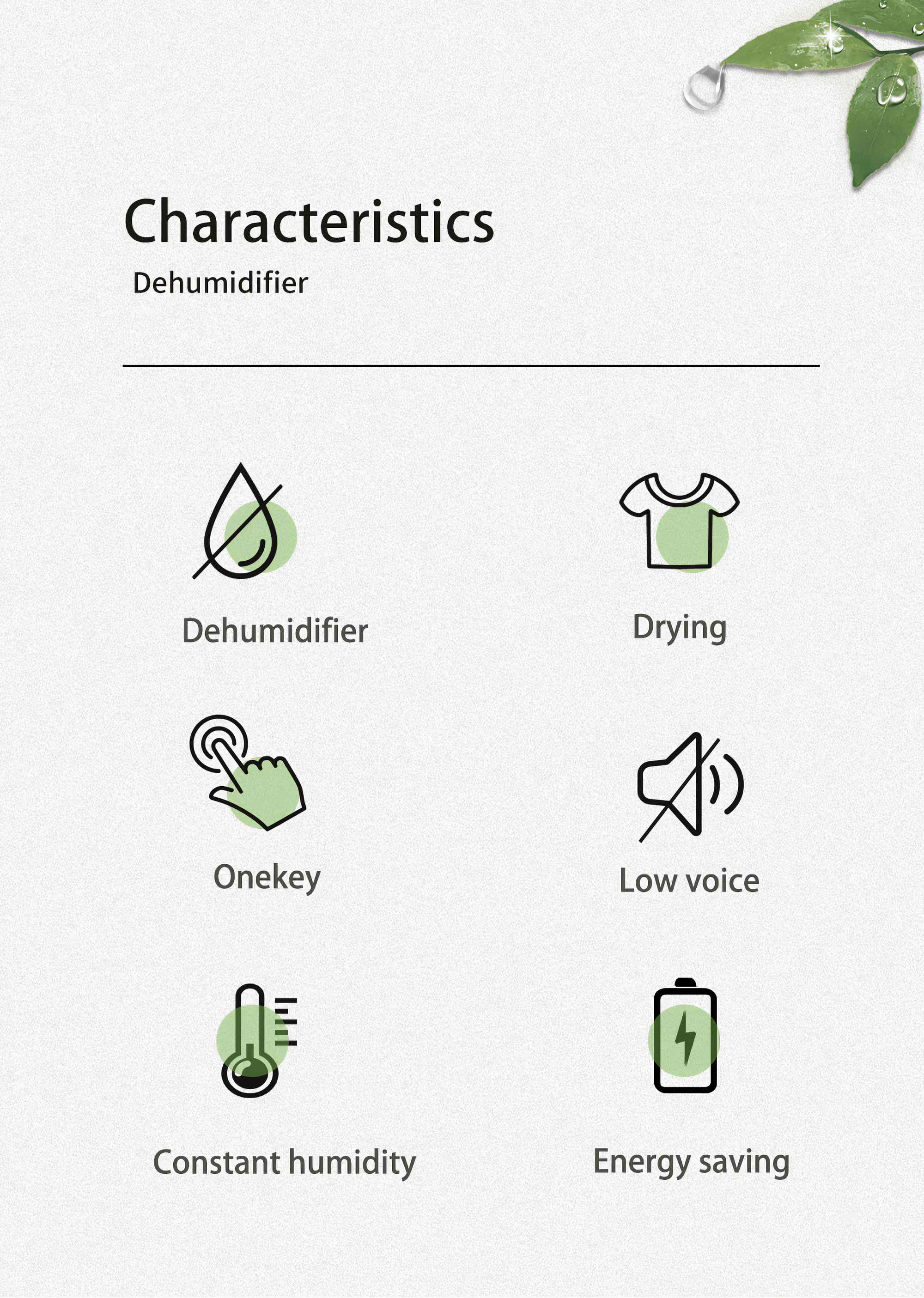 Das Bild zeigt die Eigenschaften eines Luftentfeuchters: Trocknung, Onekey, leise Stimme, konstante Luftfeuchtigkeit und Energiesparen.