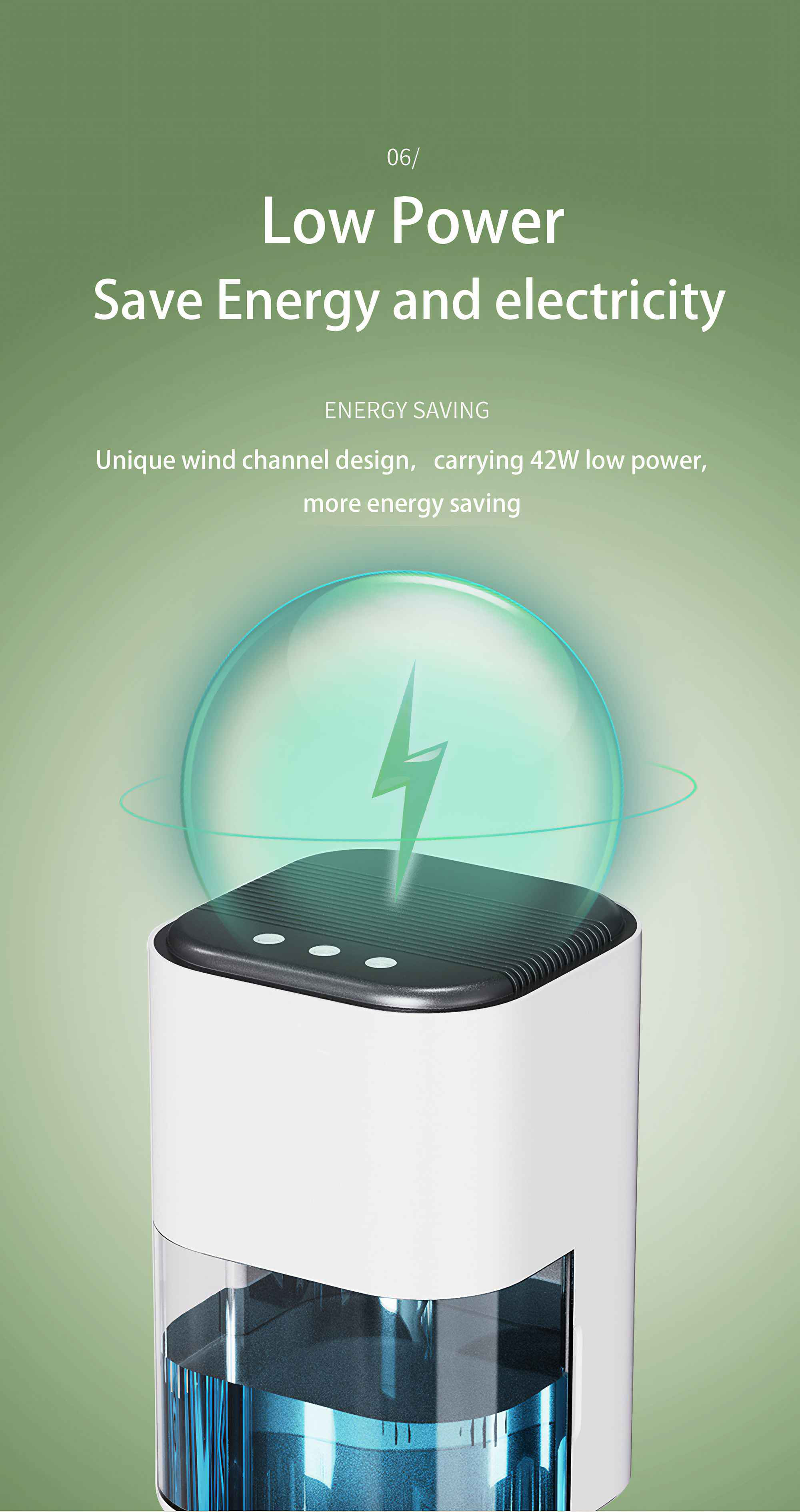 Illustration eines energiesparenden Geräts. Ein weißes und schwarzes Gerät mit blauem Wassertank und Blitzsymbol.