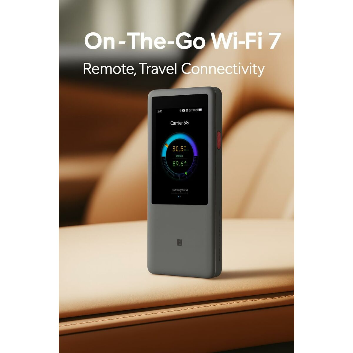 Ein graues Gerät, das Daten anzeigt. Oben steht 'On-The-Go Wi-Fi 7'. Auf der Seite befindet sich eine rote Taste. Es liegt auf einer tanfarbenen Oberfläche.