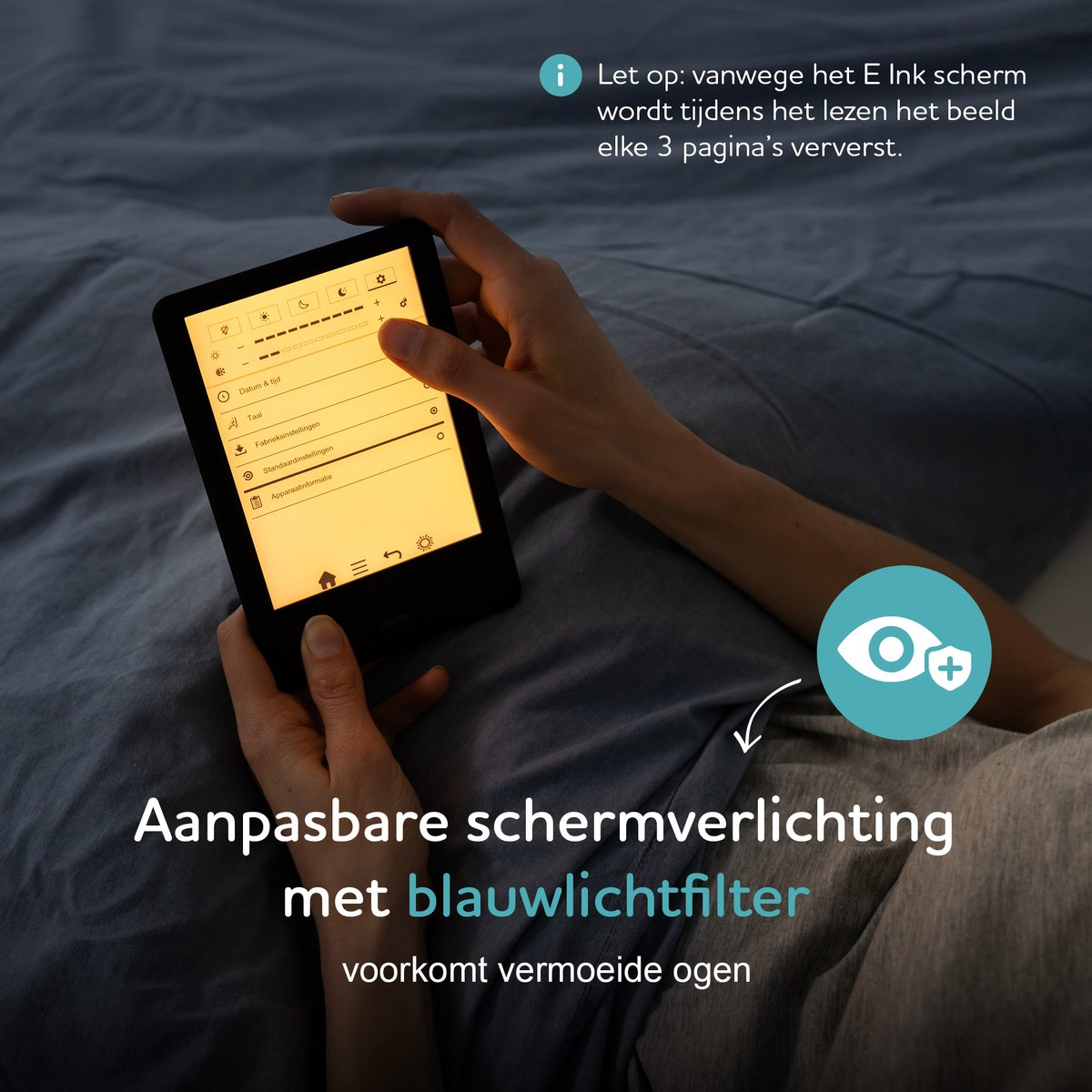 A person holding a tablet with adjustable screen lighting and a blue light filter to prevent eye strain. A blue eye icon is also present.
