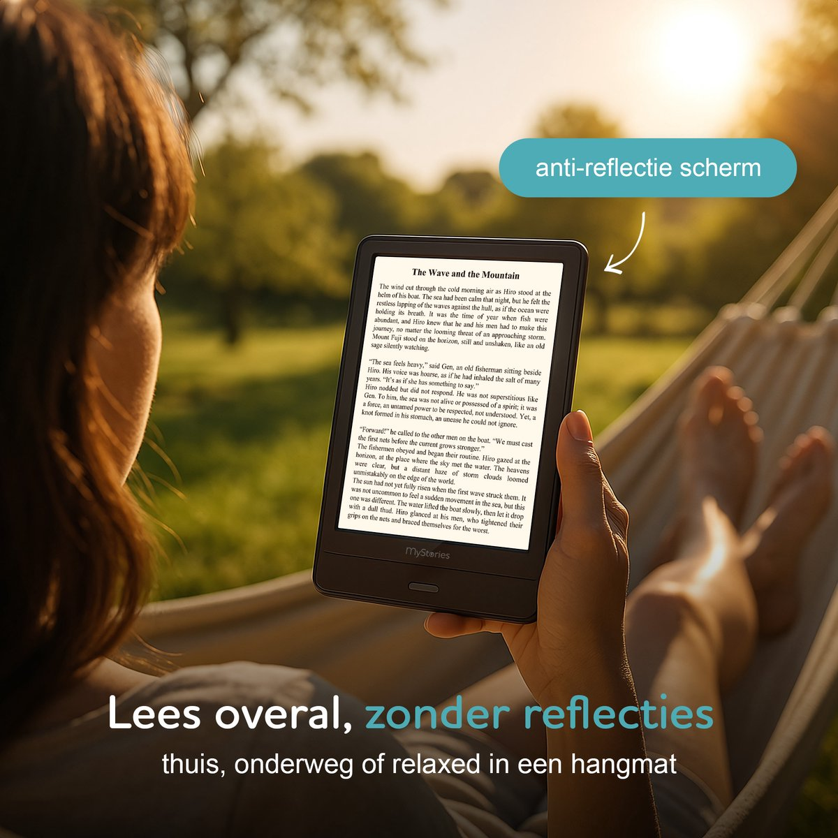 A person is reading on an e-reader in a hammock. The e-reader displays text. There is text on the bottom.