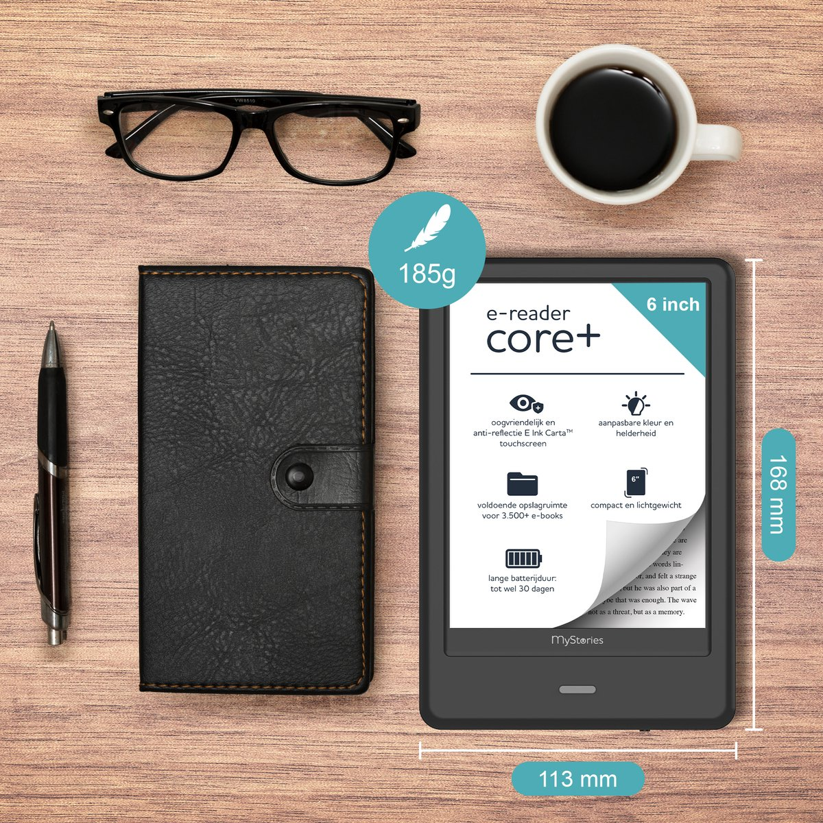 An e-reader, glasses, a pen, a coffee cup, and a case are on a wooden surface. The e-reader displays text.
