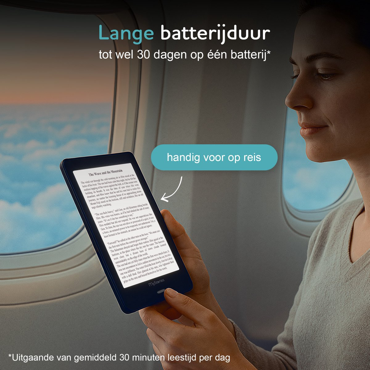 Woman on a plane reading an e-reader. Text says 'Long battery life'. E-reader shows a book page.