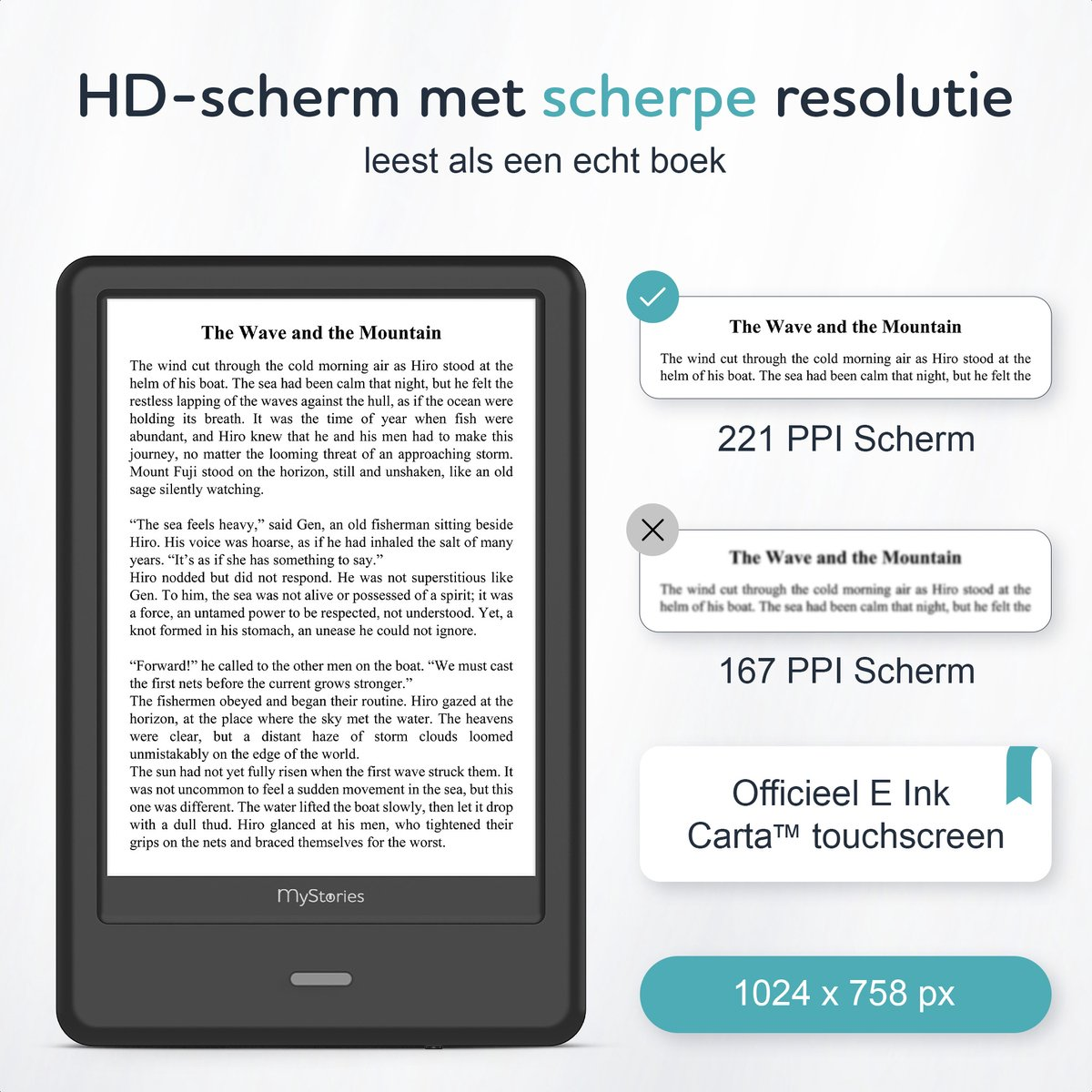An e-reader displays a book excerpt. Text is on the screen. Other details include PPI, E Ink touchscreen, and MyStories logo.