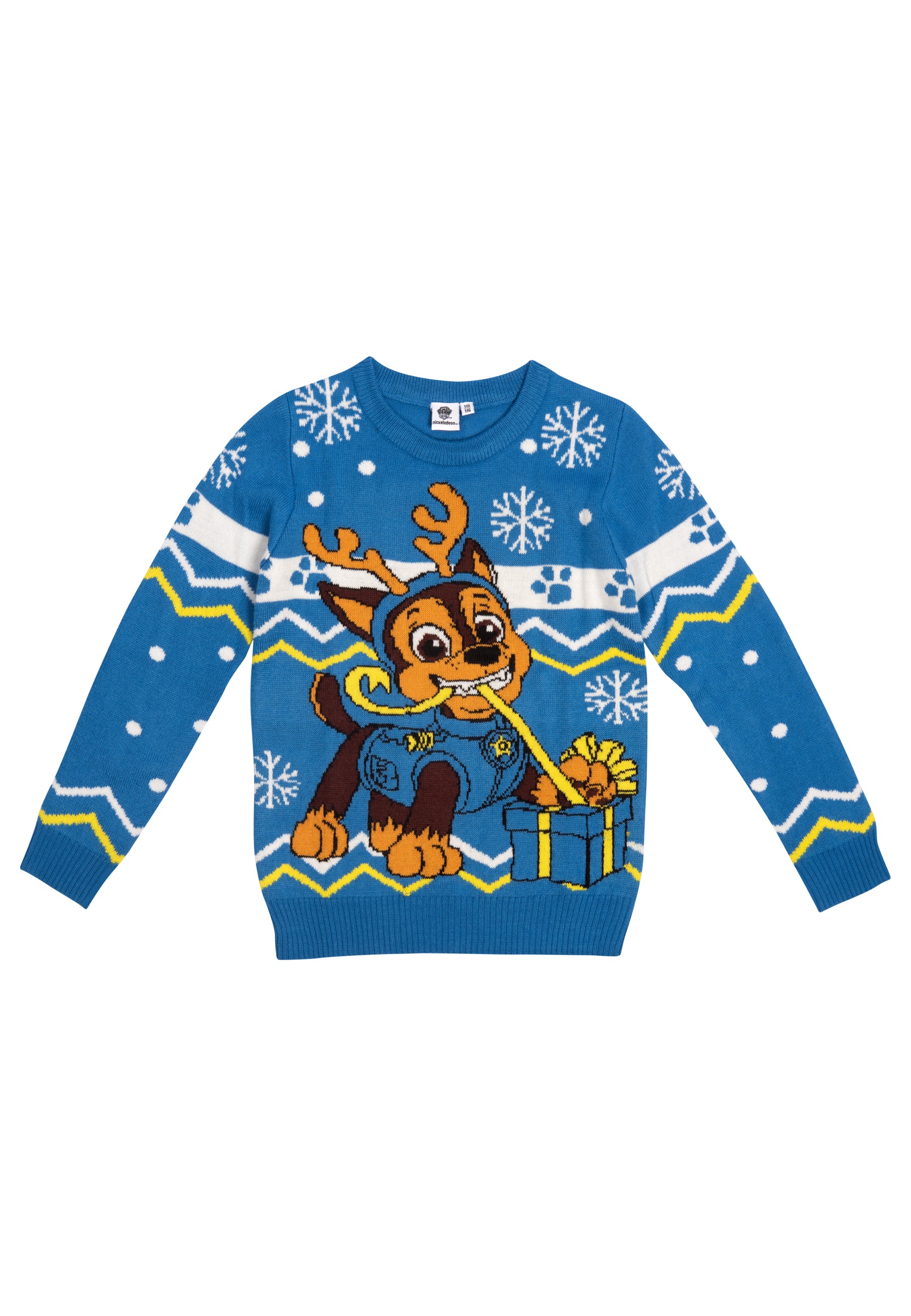 Blauer Pullover mit Chase-Design. Chase hat Rentiergeweih und hält ein Geschenk. Schneeflocken und weiße Streifen sind vorhanden.