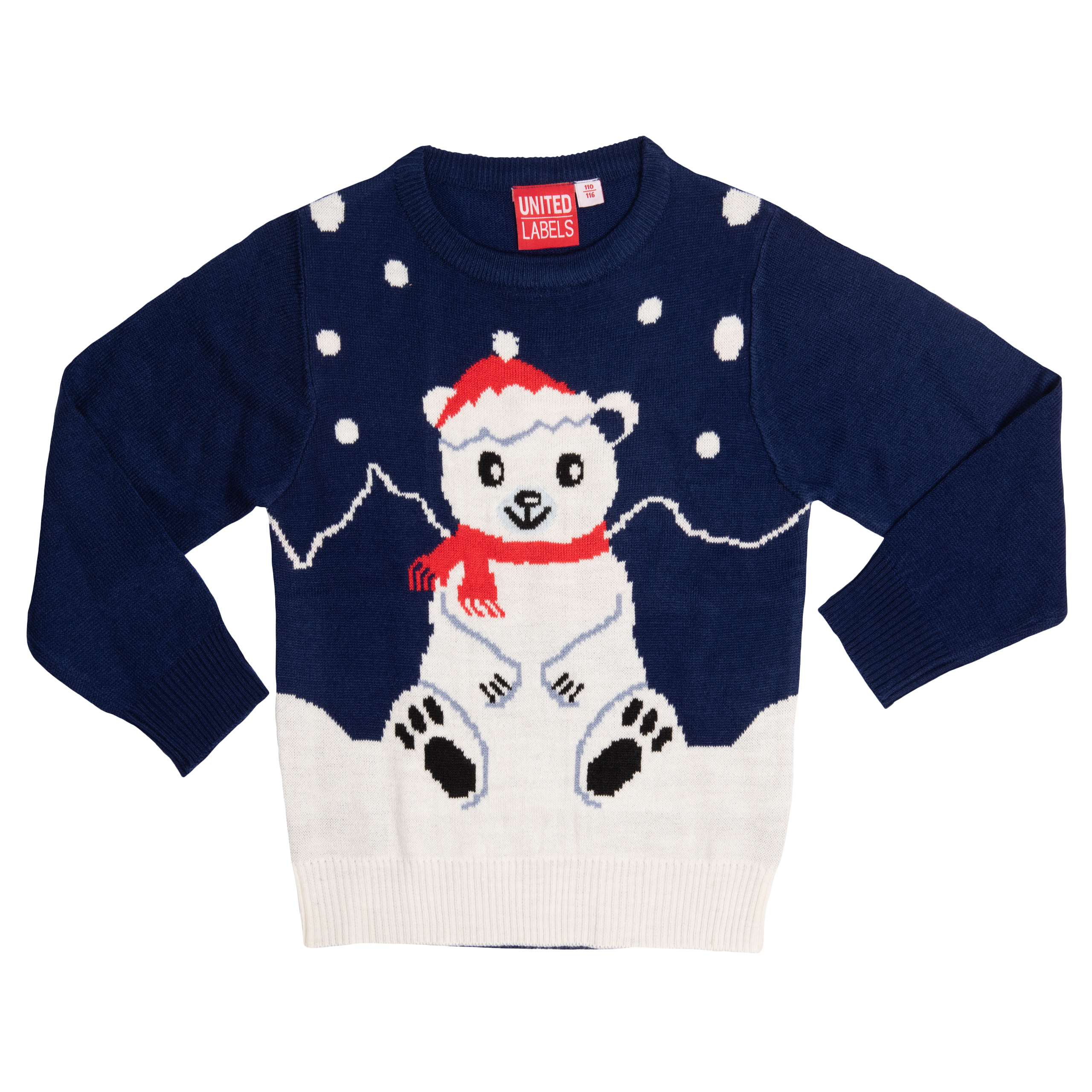 Ein marineblauer Pullover mit einem Eisbären, der einen roten Hut und Schal trägt, mit weißen Schnee- und Bergdetails.