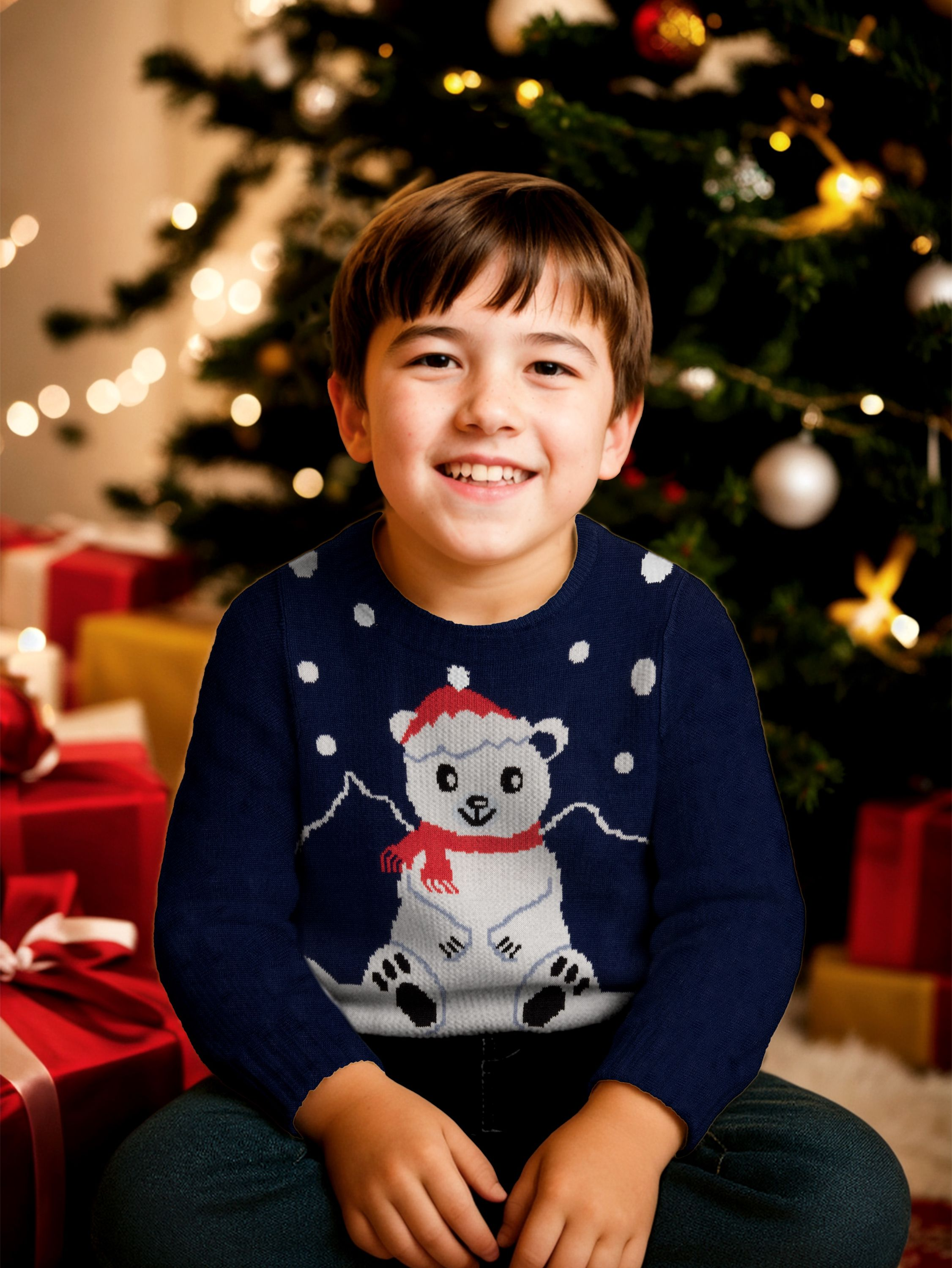 Ein lächelnder Junge trägt einen Pullover mit Eisbärenmuster und sitzt vor einem Weihnachtsbaum und Geschenken.