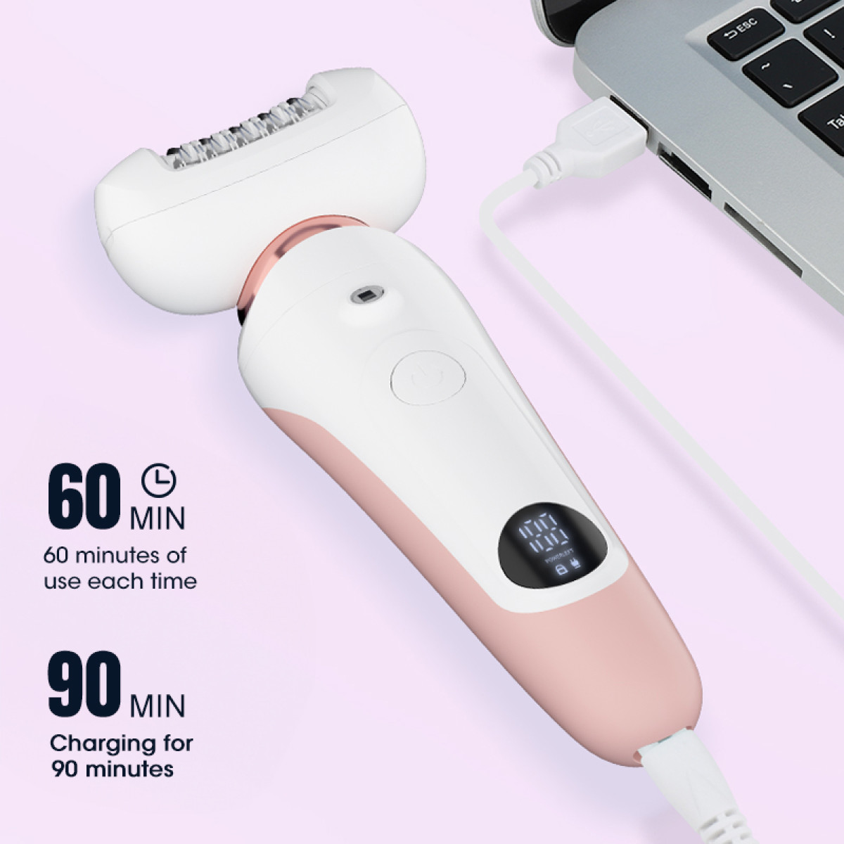 Ein weißer und rosa Elektrorasierer ist per USB mit einem Laptop verbunden. Text zeigt 60 Min. Nutzungszeit und 90 Min. Ladezeit.