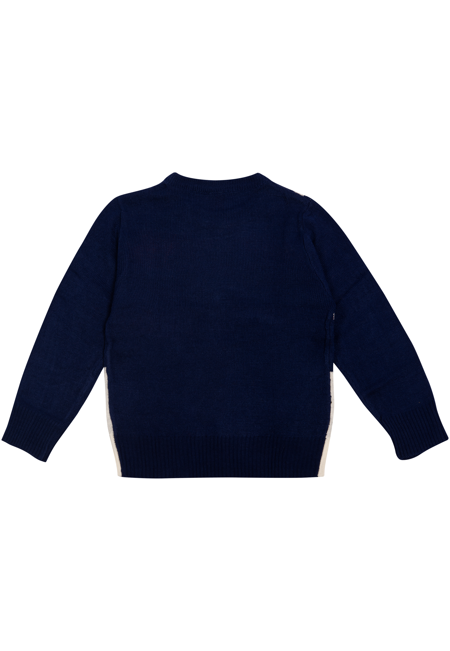 Rückansicht eines marineblauen Pullovers mit weißen Streifen an den Seiten. Gerippte Bündchen und Halsausschnitt.