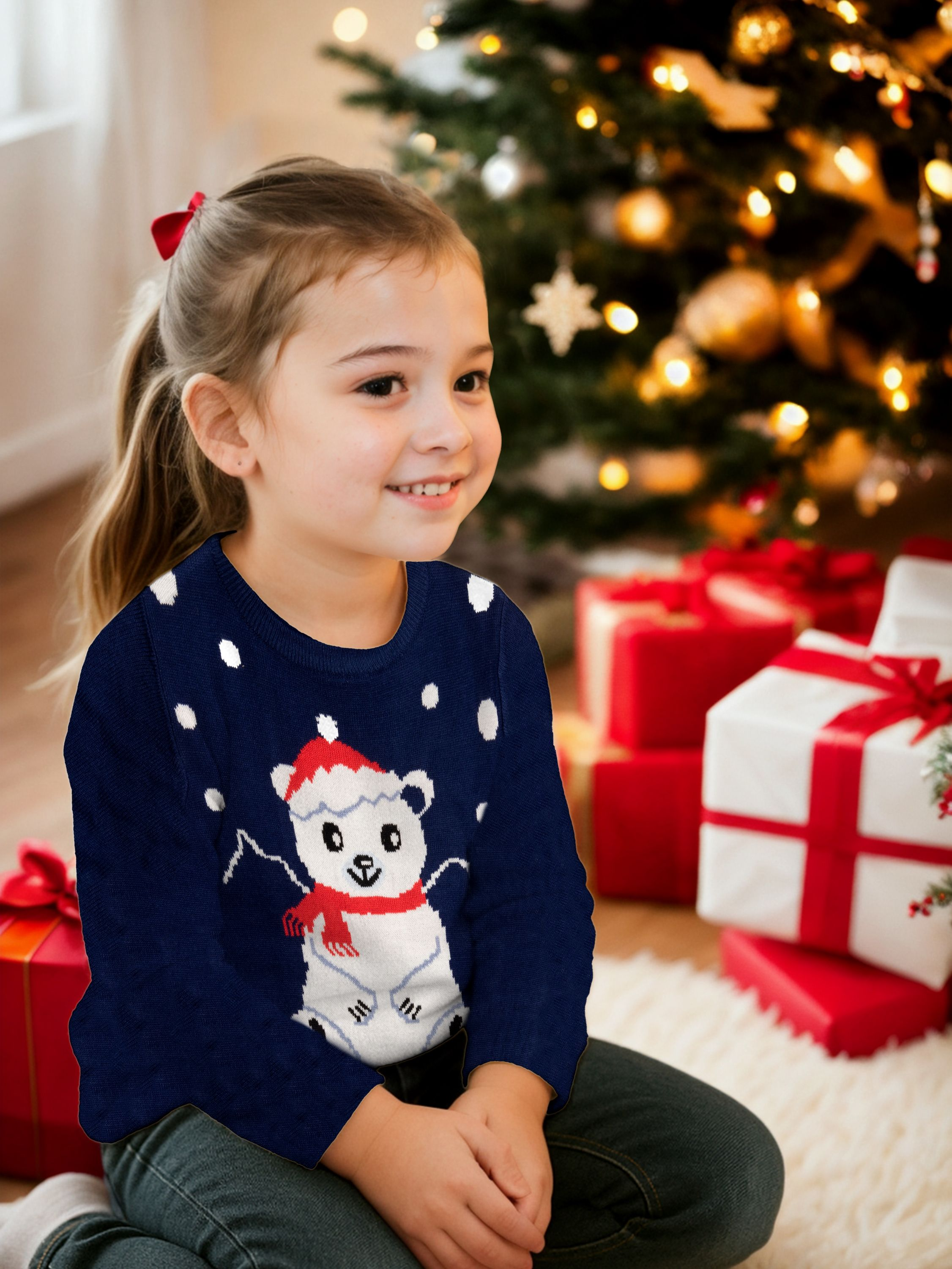 Ein lächelndes Mädchen in einem blauen Pullover mit Eisbären-Design sitzt in der Nähe eines Weihnachtsbaums und Geschenken.