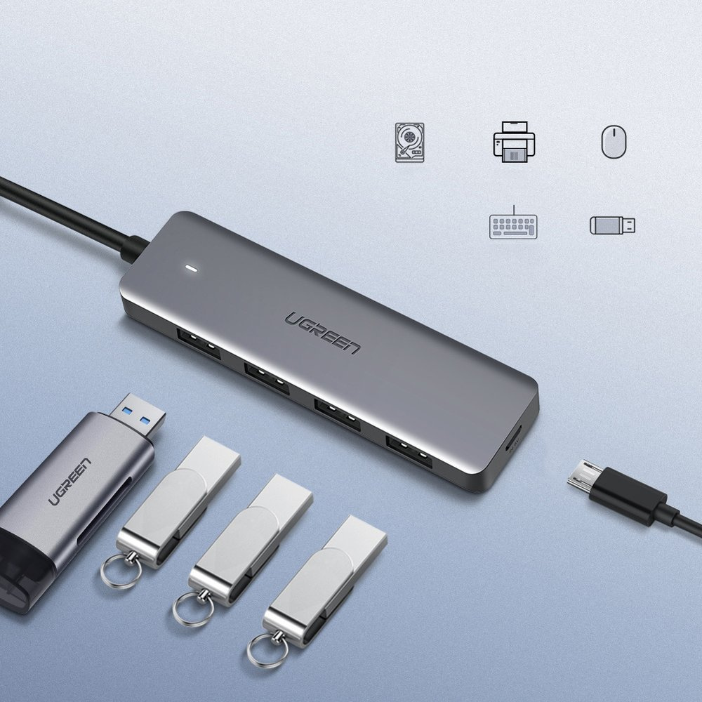 Srebrny hub USB UGREEN z wieloma portami, kilka dysków USB i ikony dla urządzeń takich jak drukarka i mysz.