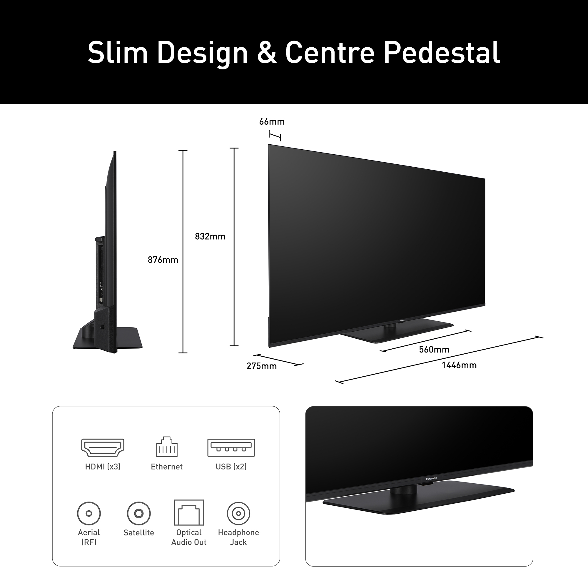 Ein schwarzer Fernseher mit schlankem Design und zentralem Sockel. Abmessungen werden zusammen mit Anschlüssen und Symbolen angezeigt.