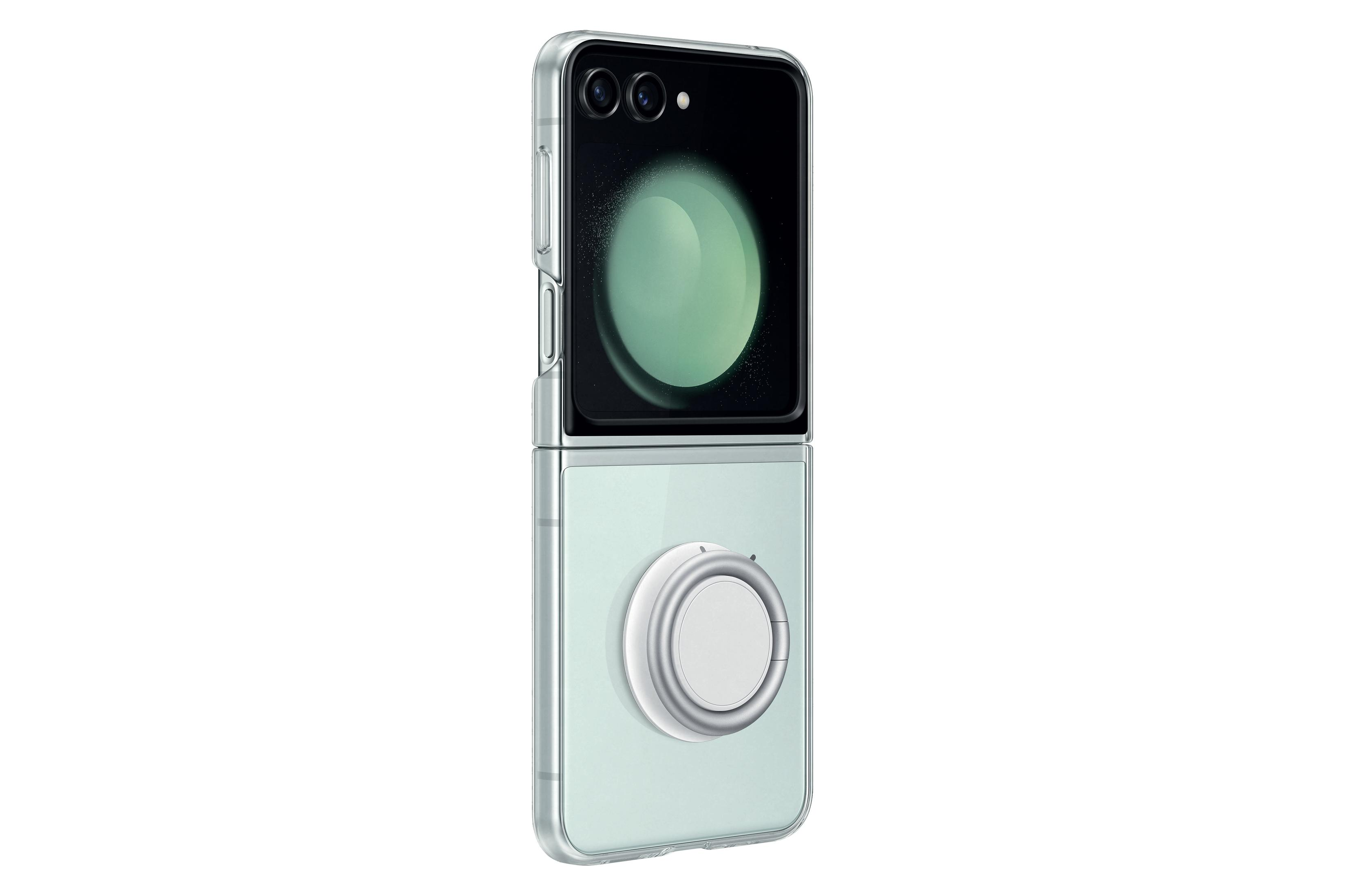 Telefono pieghevole verde menta con custodia trasparente e supporto ad anello, su sfondo bianco.