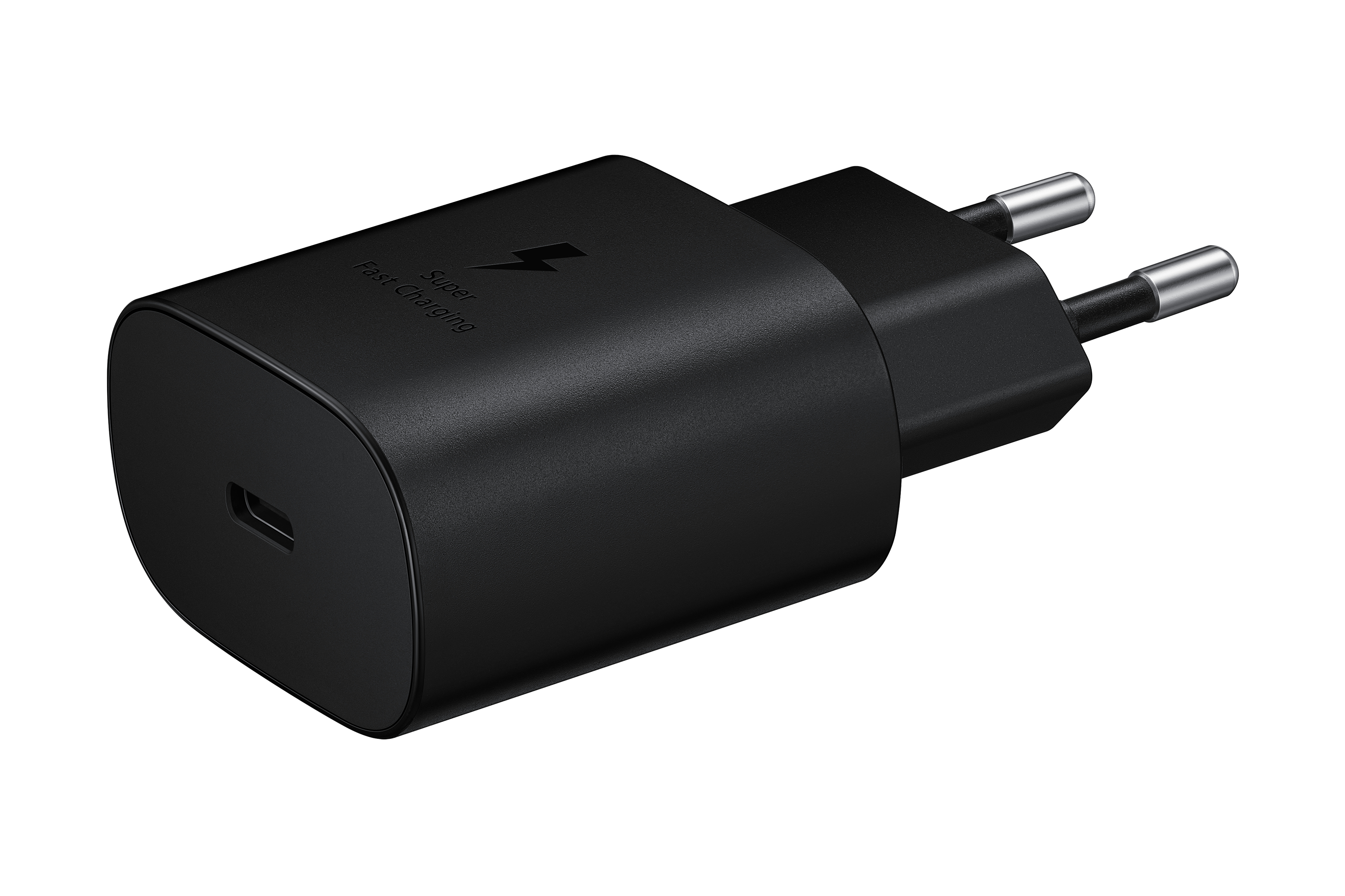 Adattatore Samsung Super Fast Charging nero con due spine argentate. Include porta USB-C.