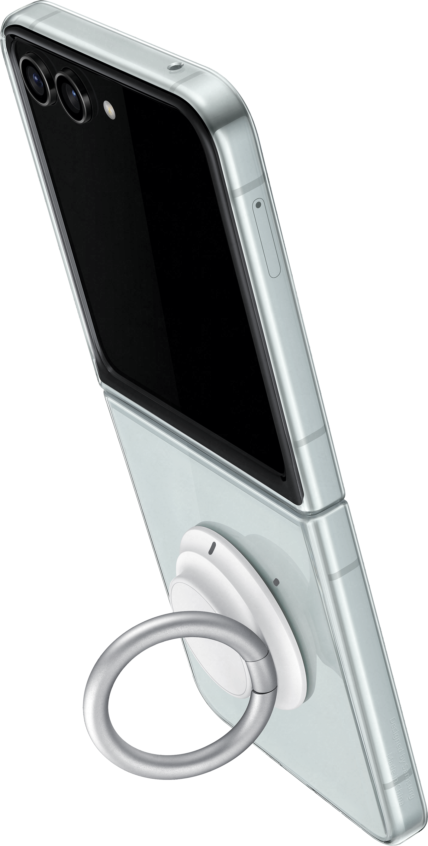 Un telefono pieghevole argentato con un anello di supporto. Schermo nero, doppia fotocamera e un anello di supporto bianco con anello argentato.