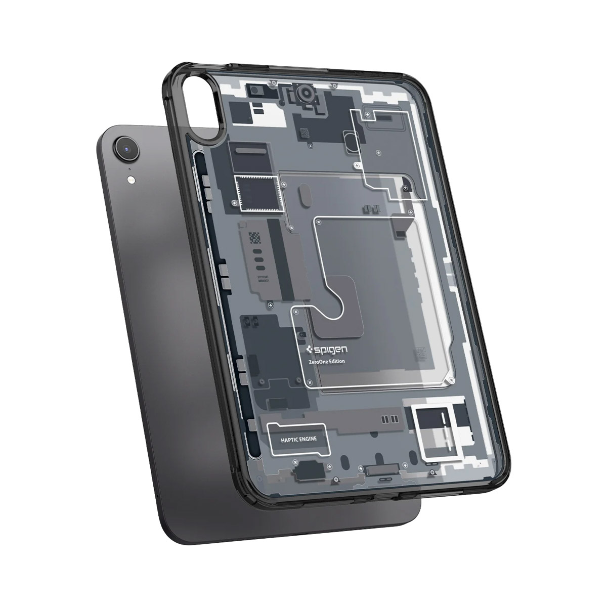 Clear phone case revealing internal components, with a phone outline on the side. The case is black and transparent.