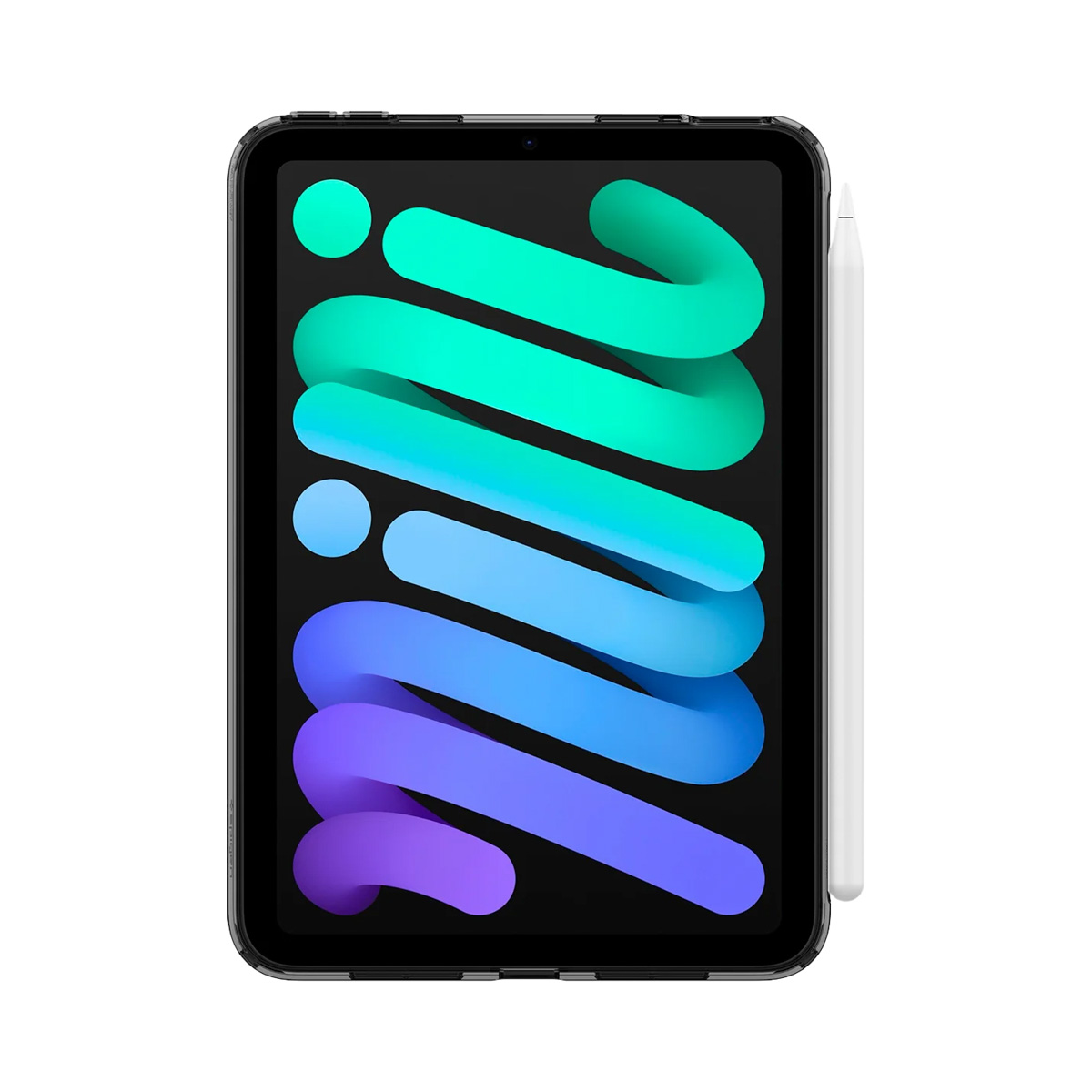 An iPad Mini with a white pencil attached. The screen displays a colorful, abstract swirl. The background is white.