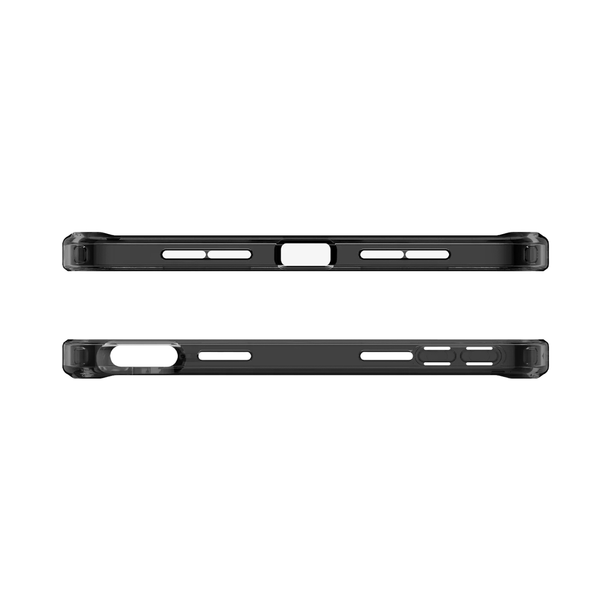 Two black phone cases, one above the other, against a white background. Each has cutouts for ports and buttons.