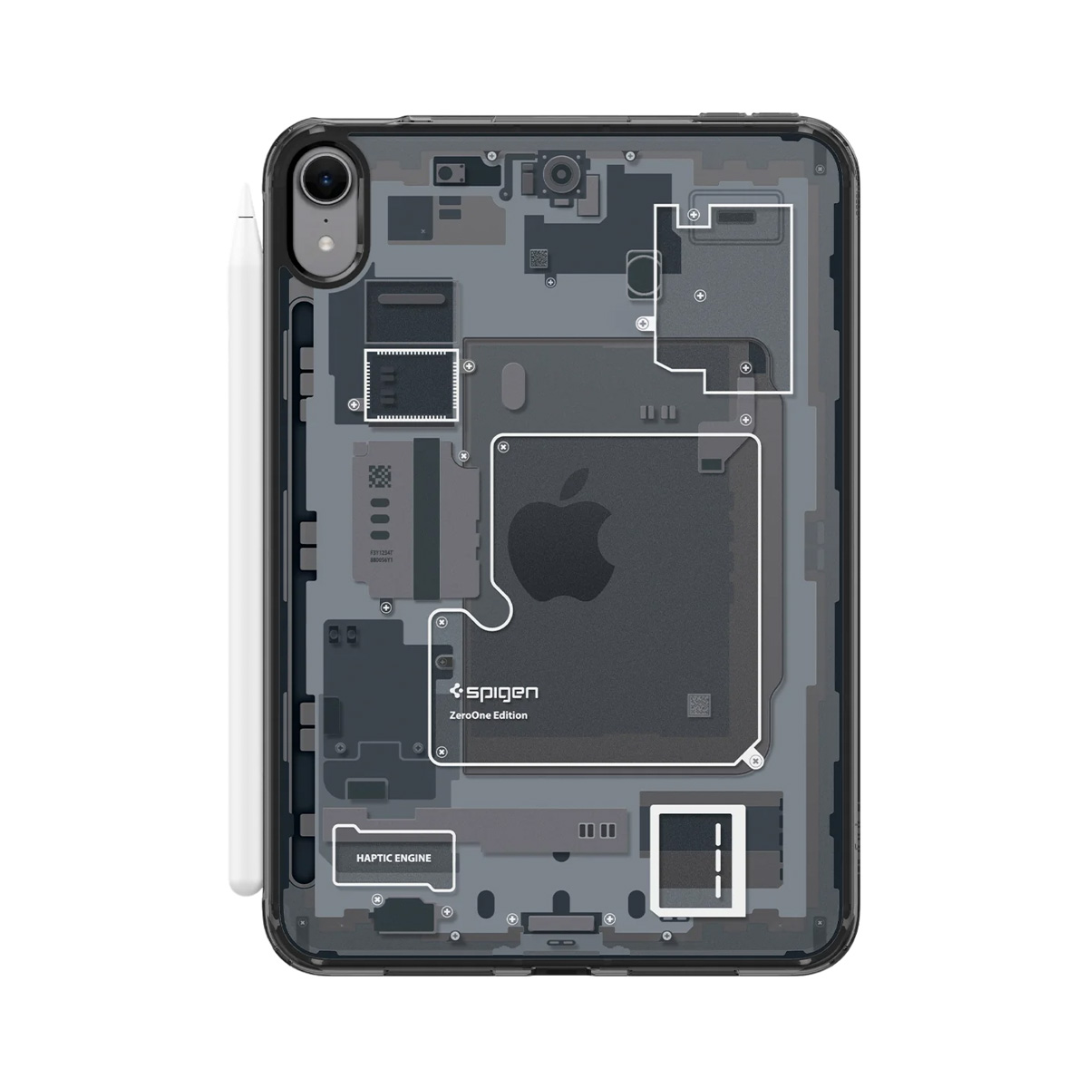 An iPad in a transparent case, revealing internal components. A white stylus is on the left. Gray and black colors.