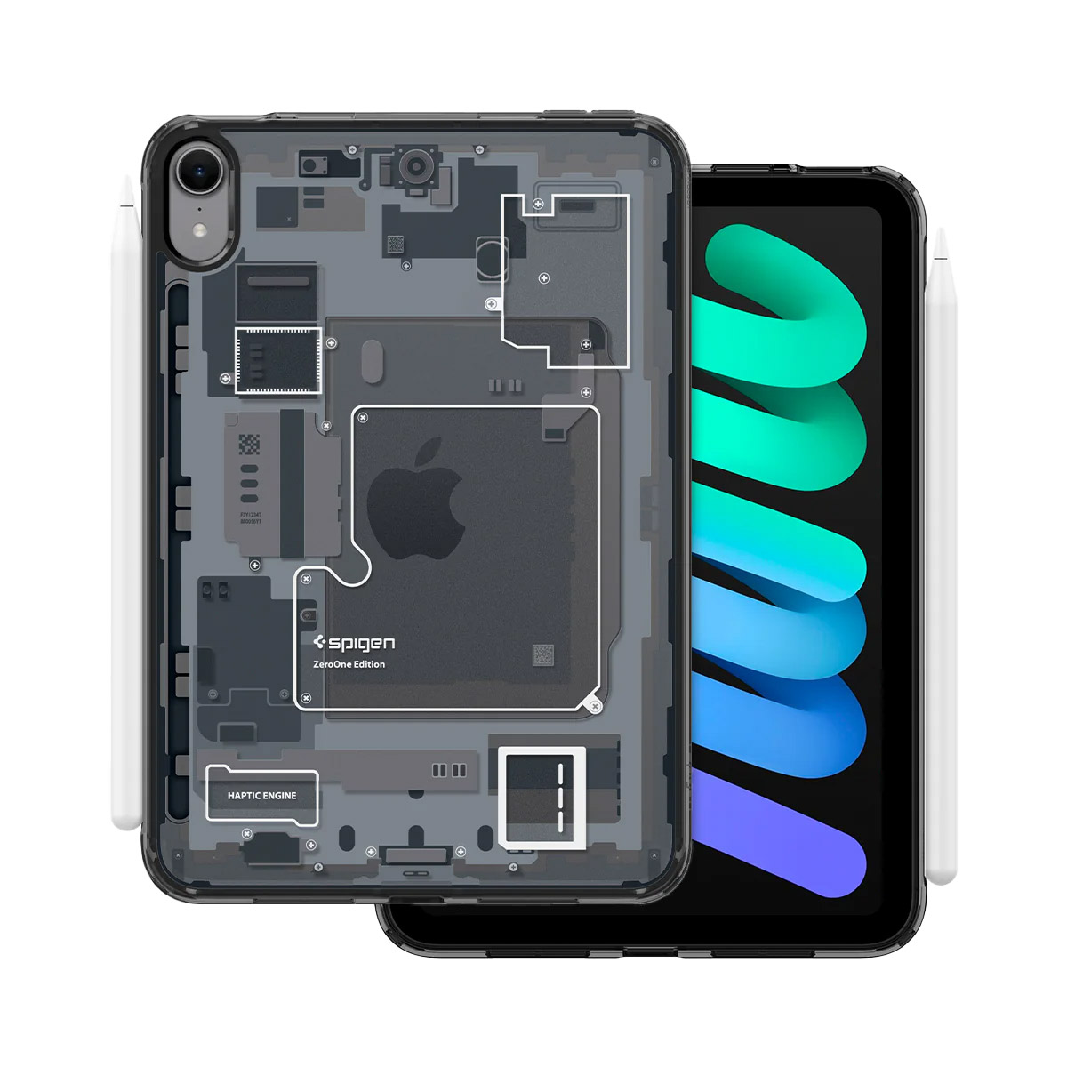 An iPad Mini with a transparent case showing internal components. A stylus is on each side. The screen shows green and blue waves.