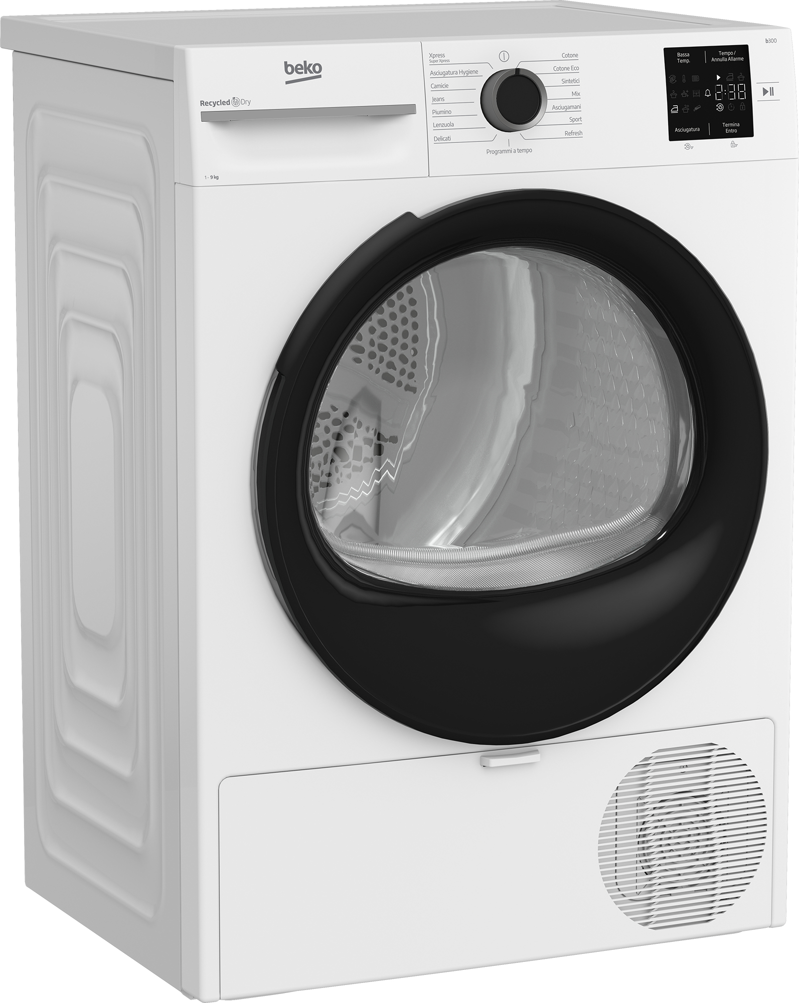Un'asciugatrice Beko bianca con porta nera. Ha un pannello di controllo con opzioni di programma e un display digitale.