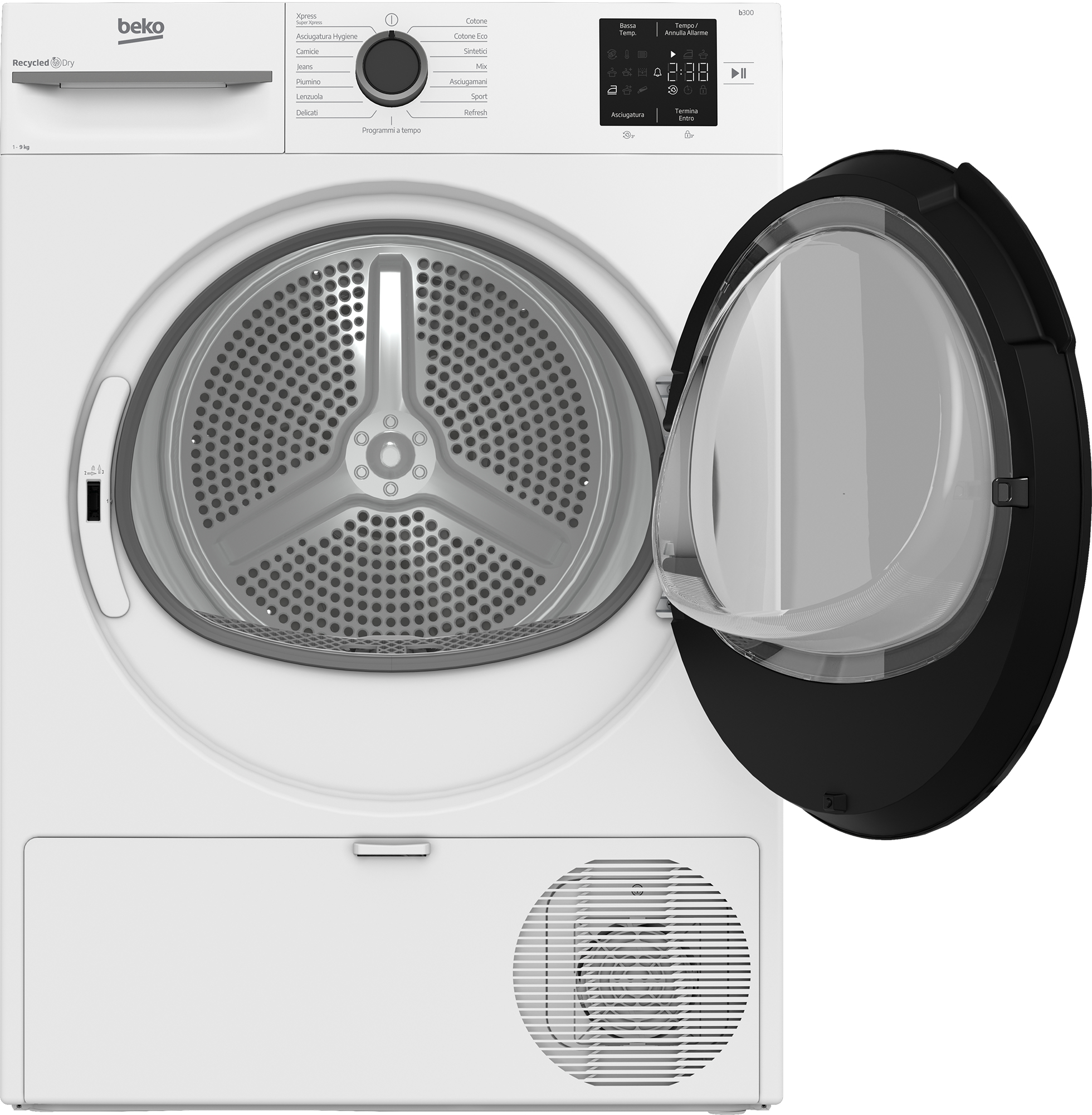 Asciugatrice Beko bianca con porta aperta. Display digitale con tempo di asciugatura. Pannello comandi a destra.